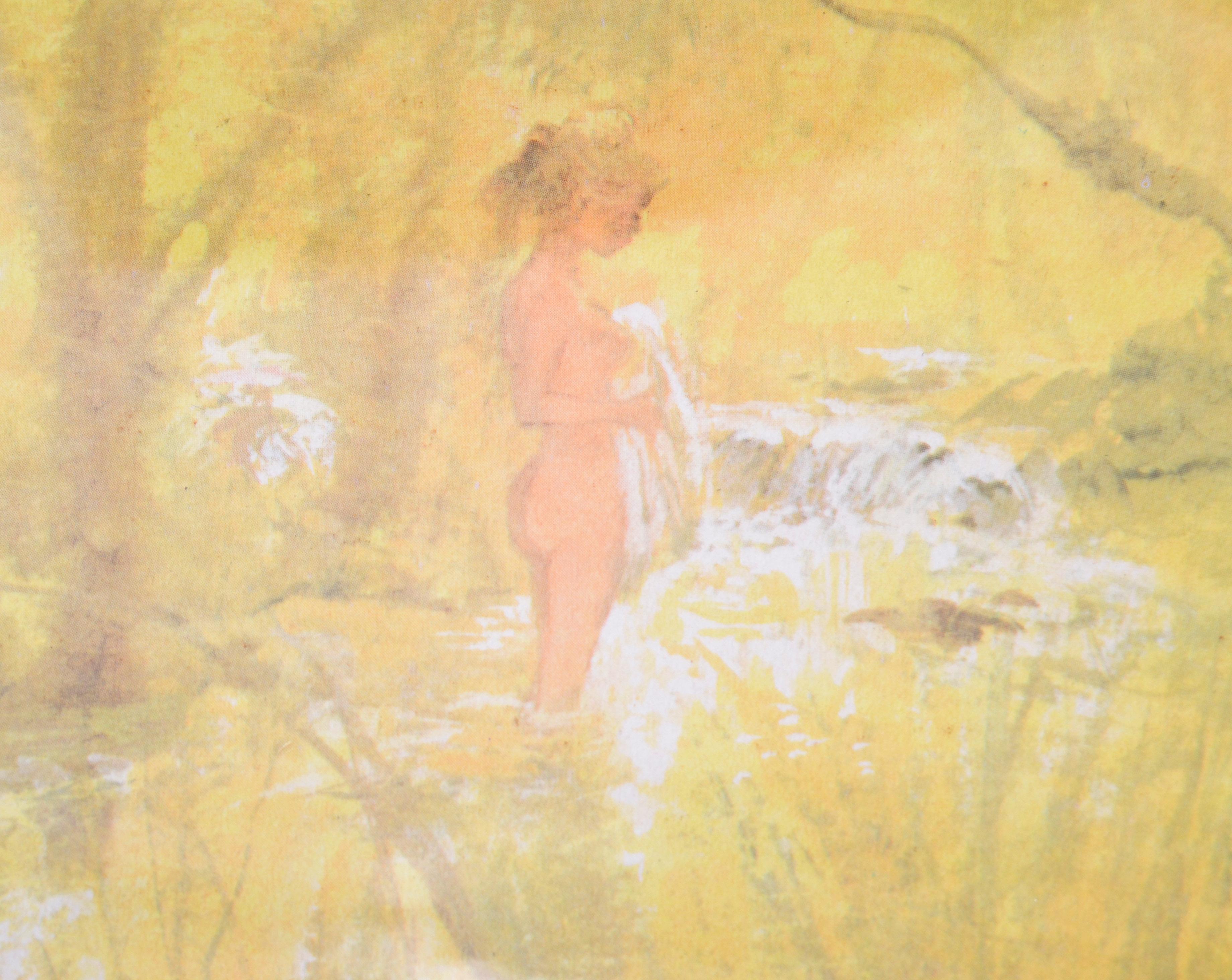 Mid-Century Modern Peinture à l'aquarelle sur toile encadrée de chrome - Jeune fille se baignant - Huile de jaune en vente
