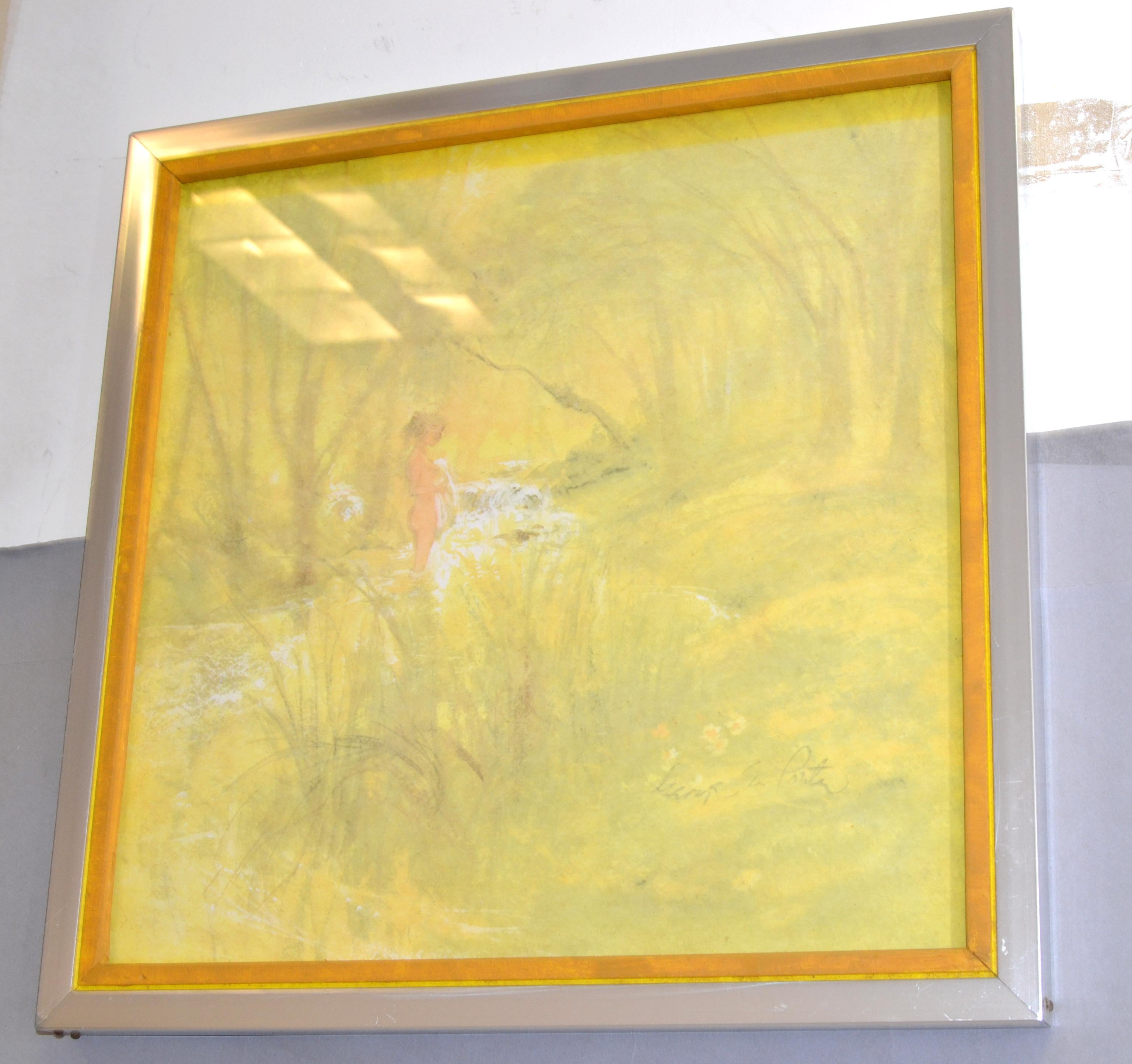 Américain Peinture à l'aquarelle sur toile encadrée de chrome - Jeune fille se baignant - Huile de jaune en vente