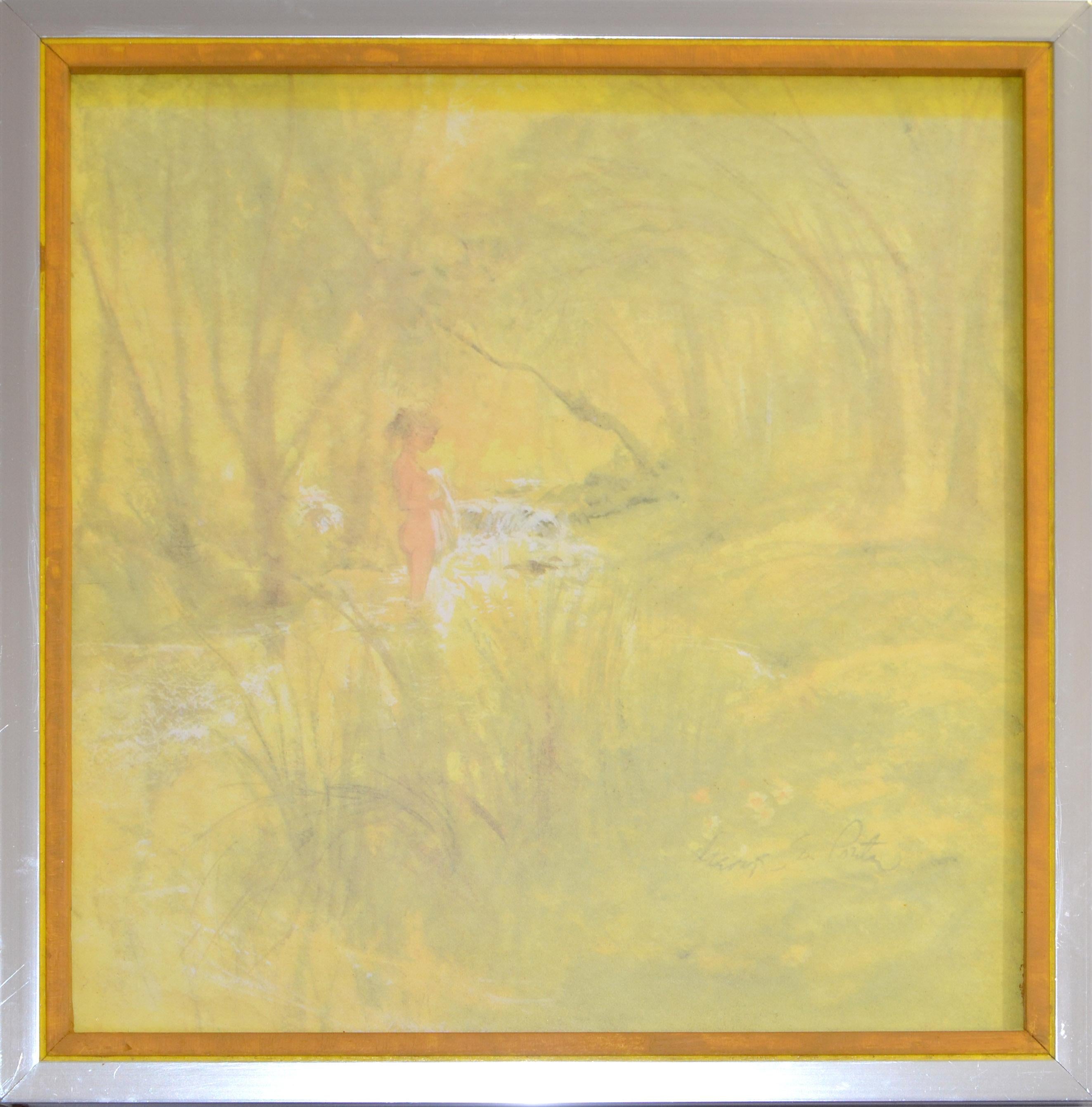 Hand-Painted Chrome Framed Canvas on Board Watercolor Painting Bathing Girl Hues of Yellow For Sale