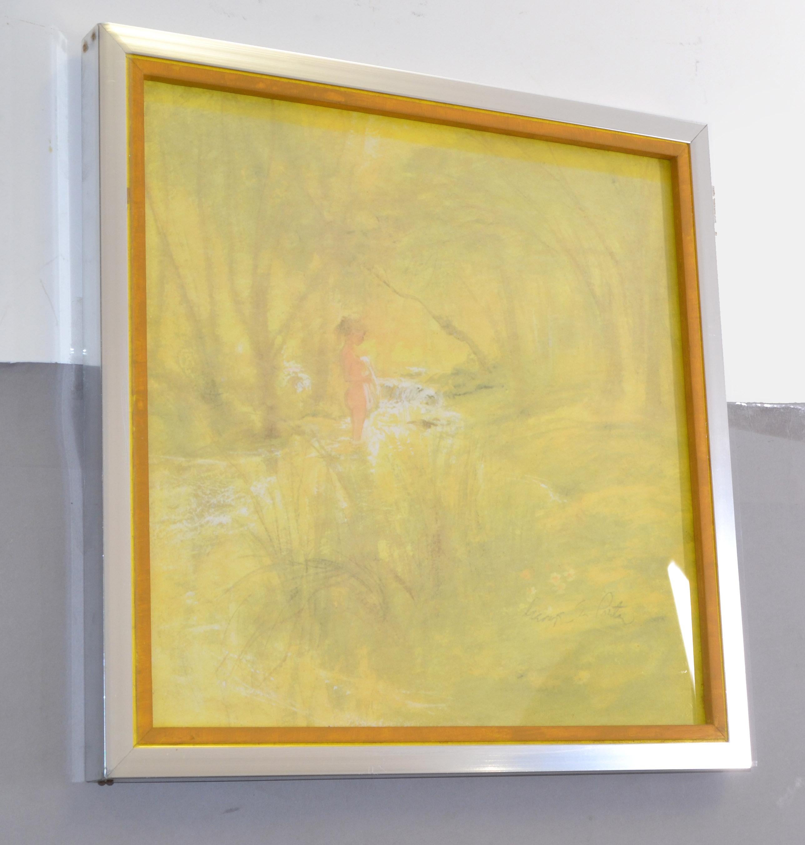 Chrome Framed Canvas on Board Watercolor Painting Bathing Girl Hues of Yellow In Good Condition For Sale In Miami, FL