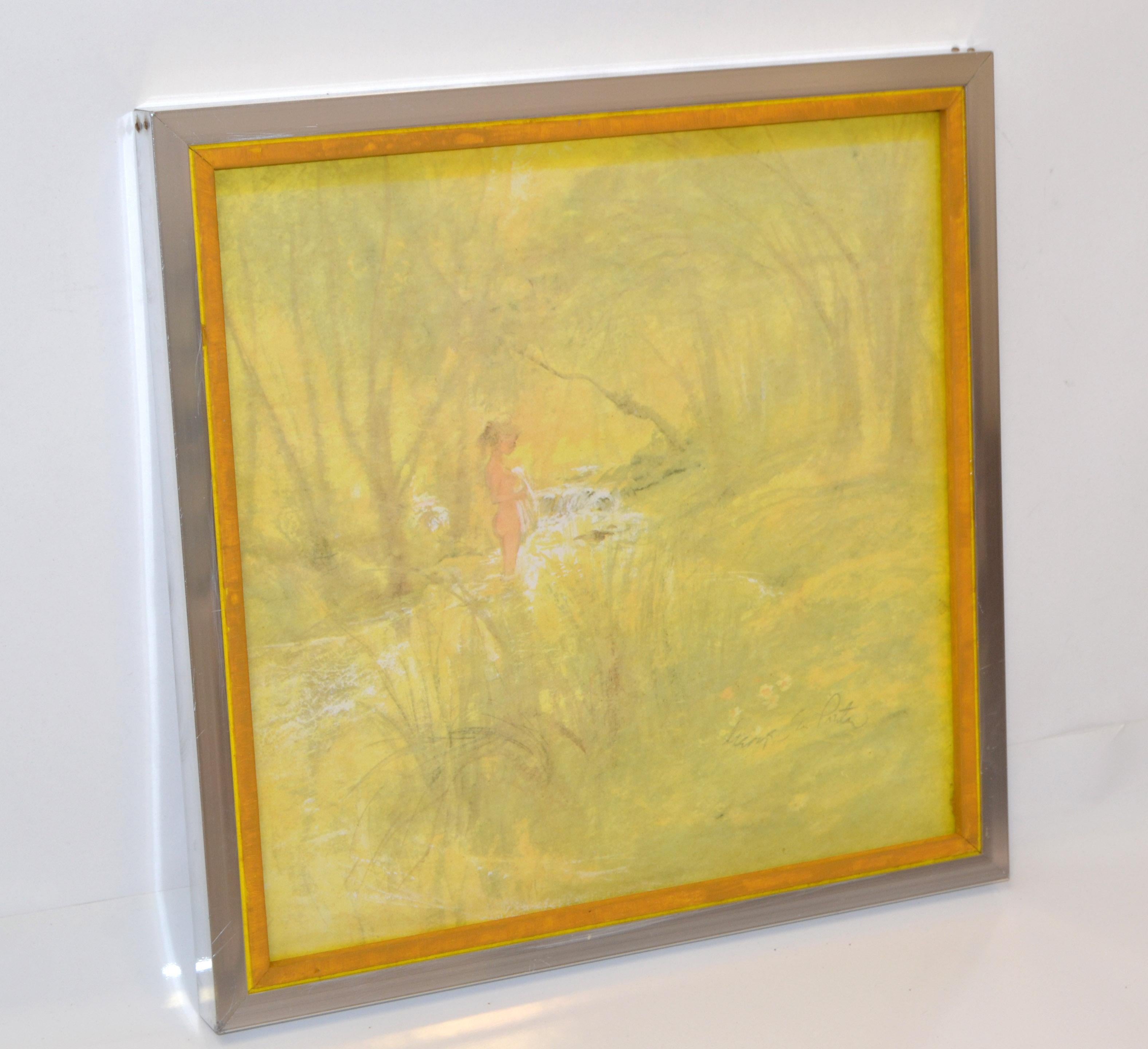 20ième siècle Peinture à l'aquarelle sur toile encadrée de chrome - Jeune fille se baignant - Huile de jaune en vente