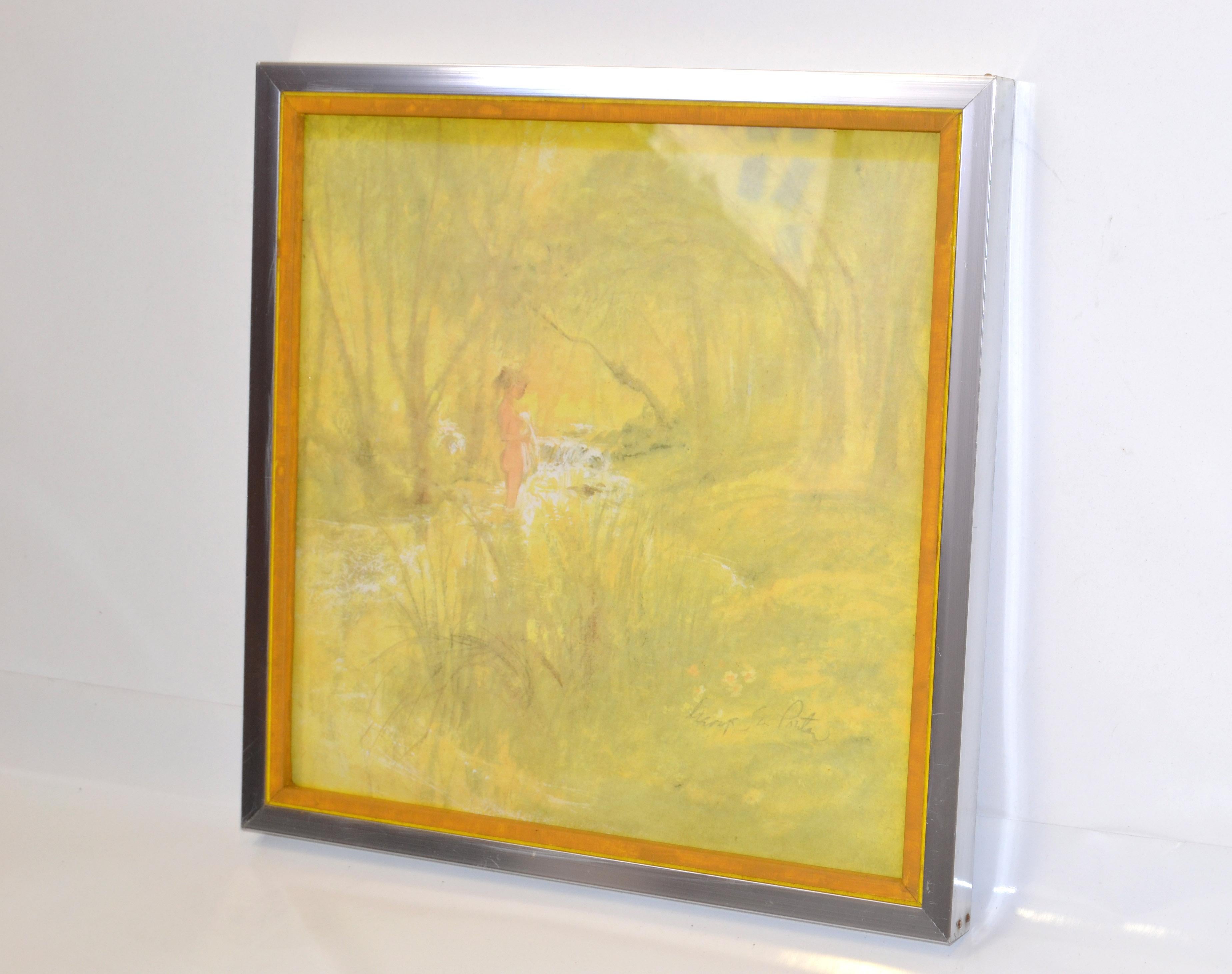 Toile Peinture à l'aquarelle sur toile encadrée de chrome - Jeune fille se baignant - Huile de jaune en vente