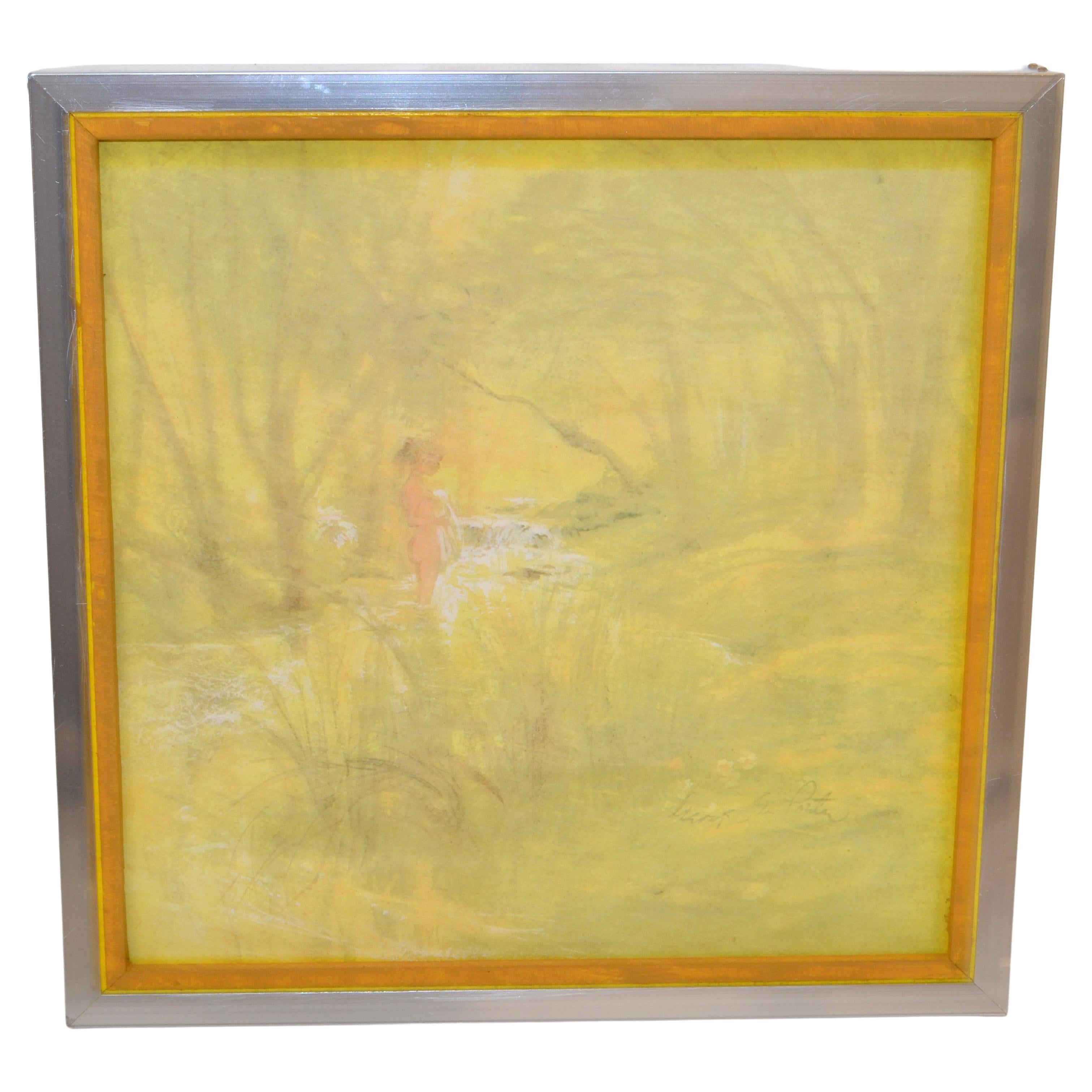 Chrome Framed Canvas on Board Watercolor Painting Bathing Girl Hues of Yellow For Sale