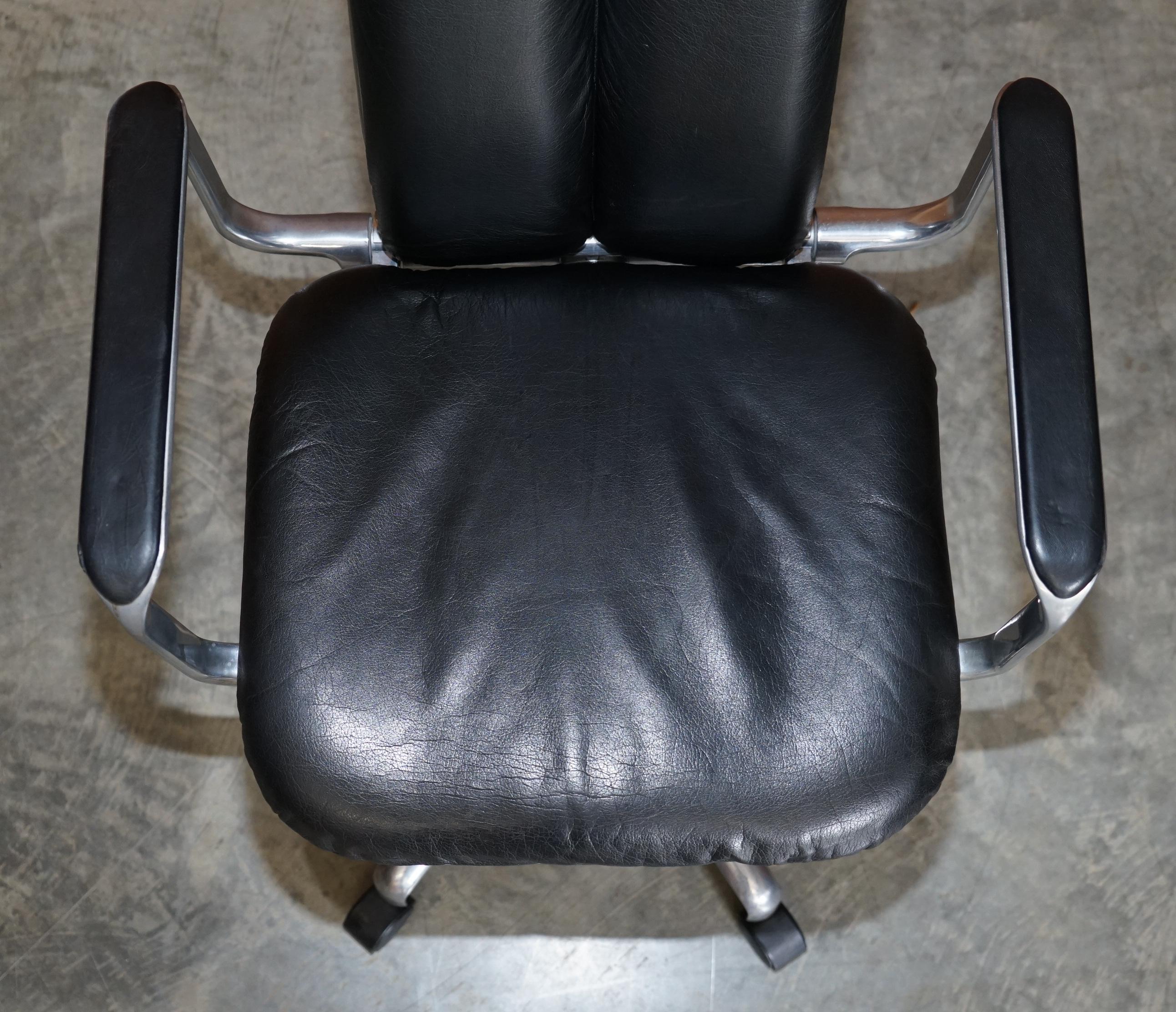 English Chrome Framed Frederick Scott Hille International Black Leather Office Armchair