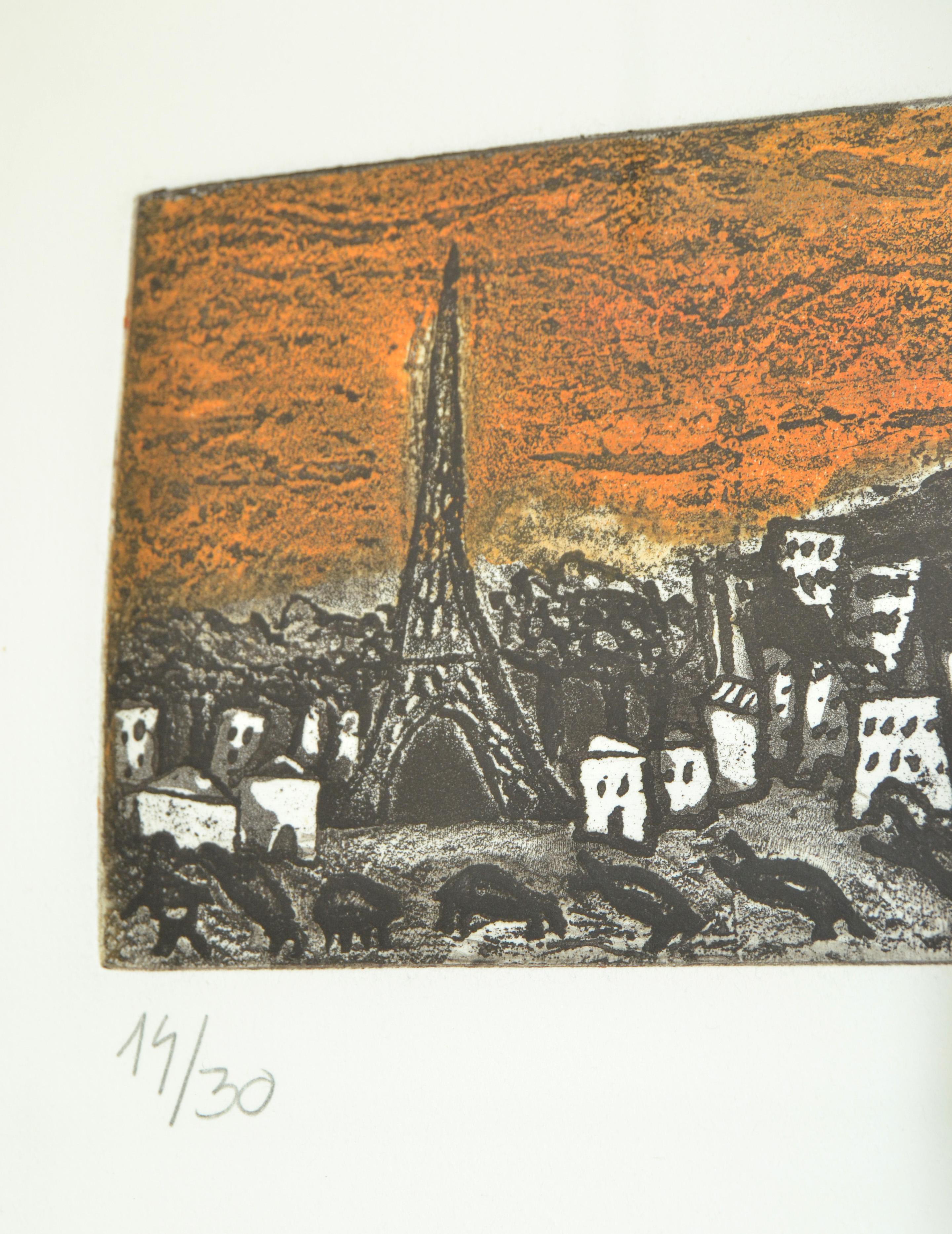 Verchromter gerahmter französischer Künstler signierte Lithografie-Radierung 1998 Eiffelturm Paris im Angebot 1