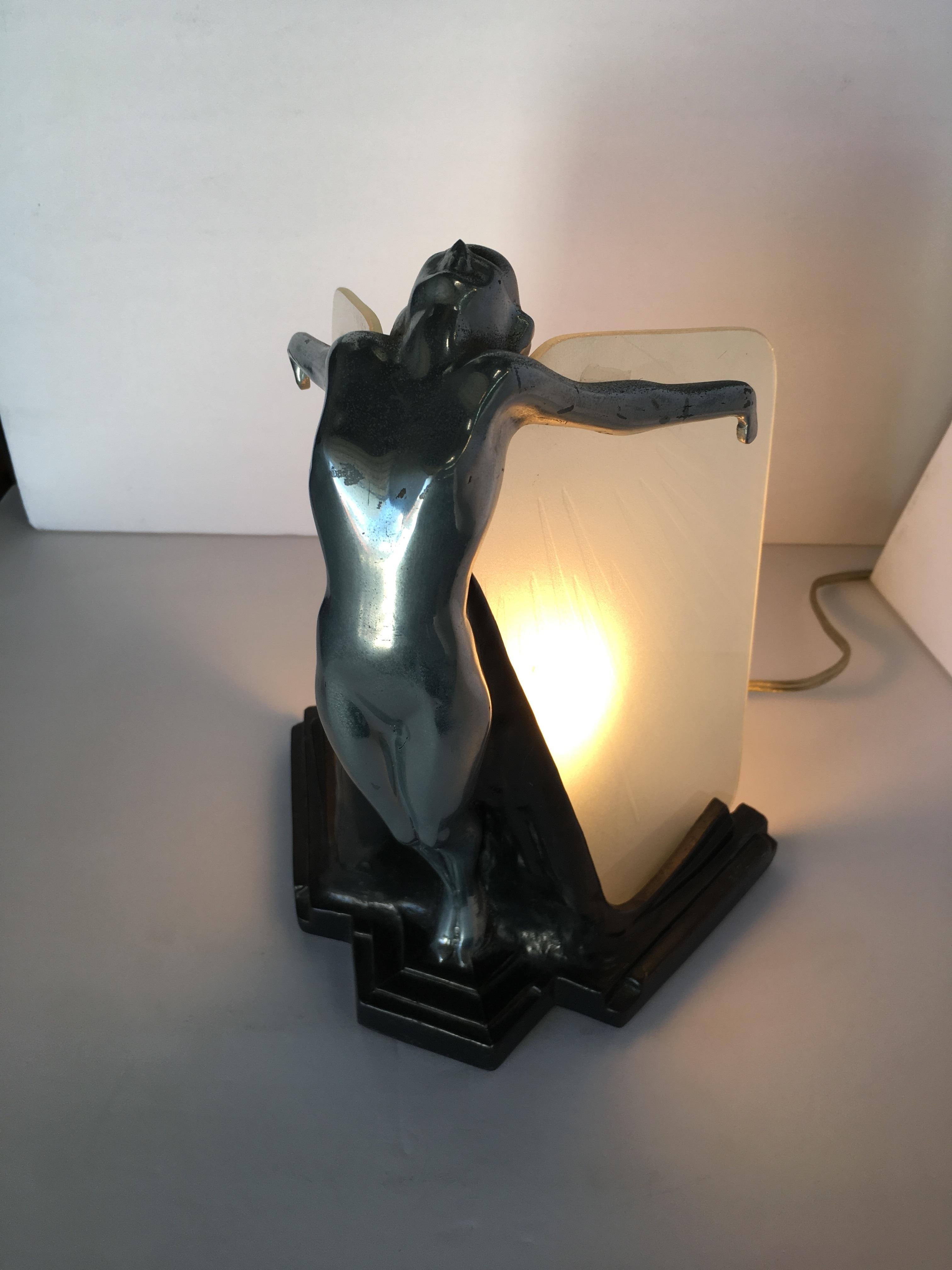 Art Deco Chrome Frankart Style Outstretched Nude Table Lamp