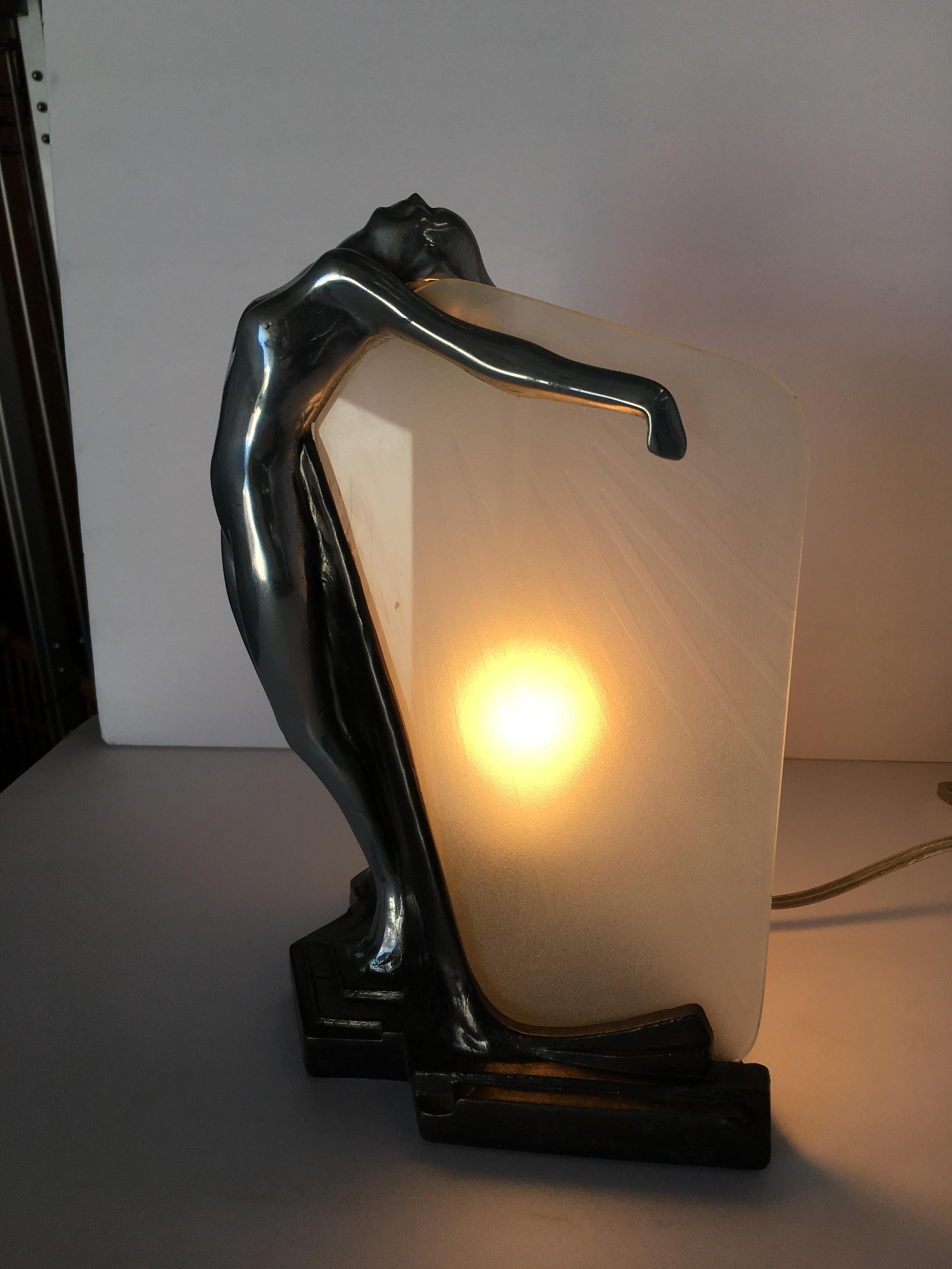Late 20th Century Chrome Frankart Style Outstretched Nude Table Lamp