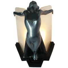 Vintage Chrome Frankart Style Outstretched Nude Table Lamp