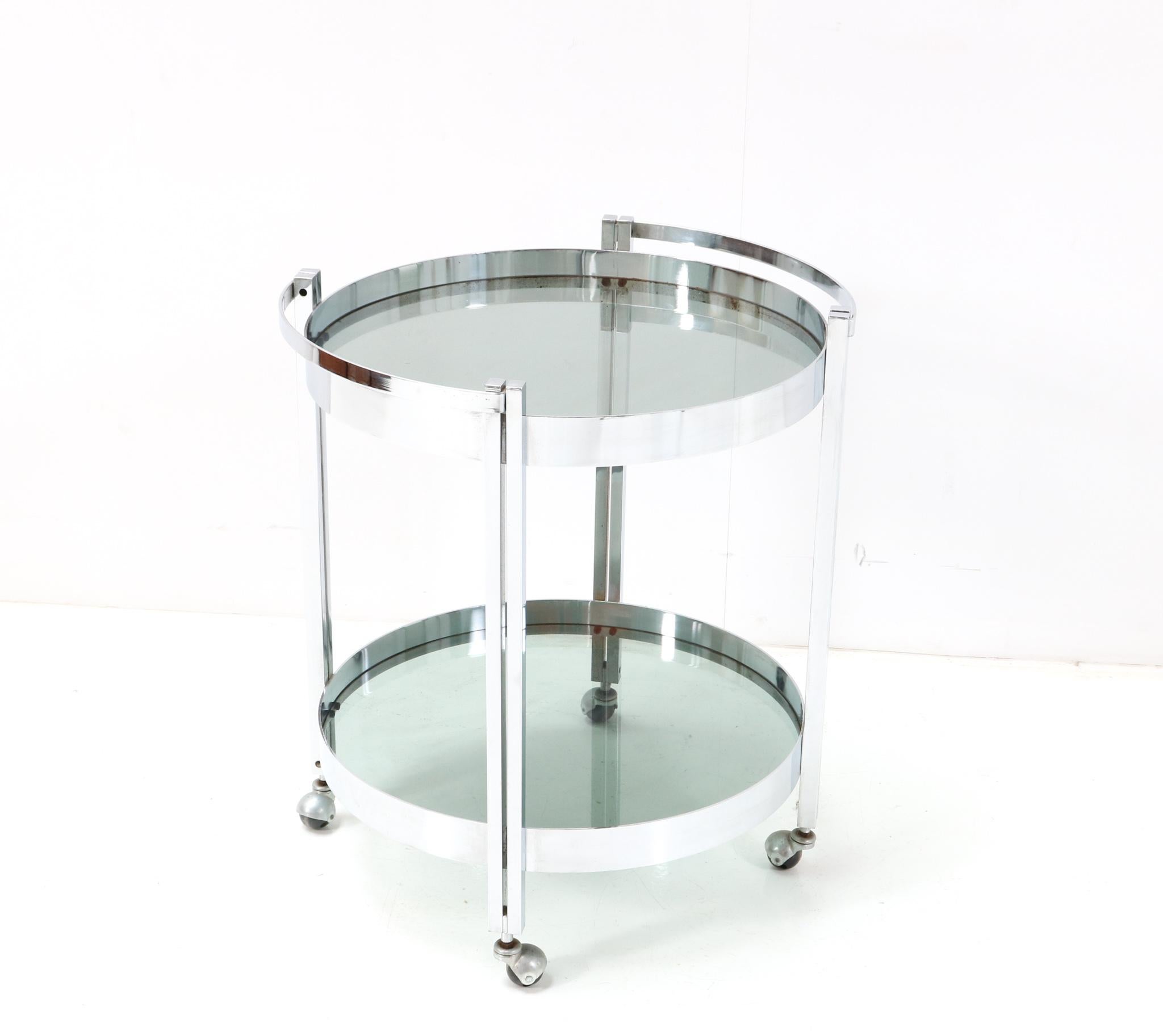 Smoked Glass Chrome French Mid-Century Modern Bar Cart or Trolley, 1970s For Sale