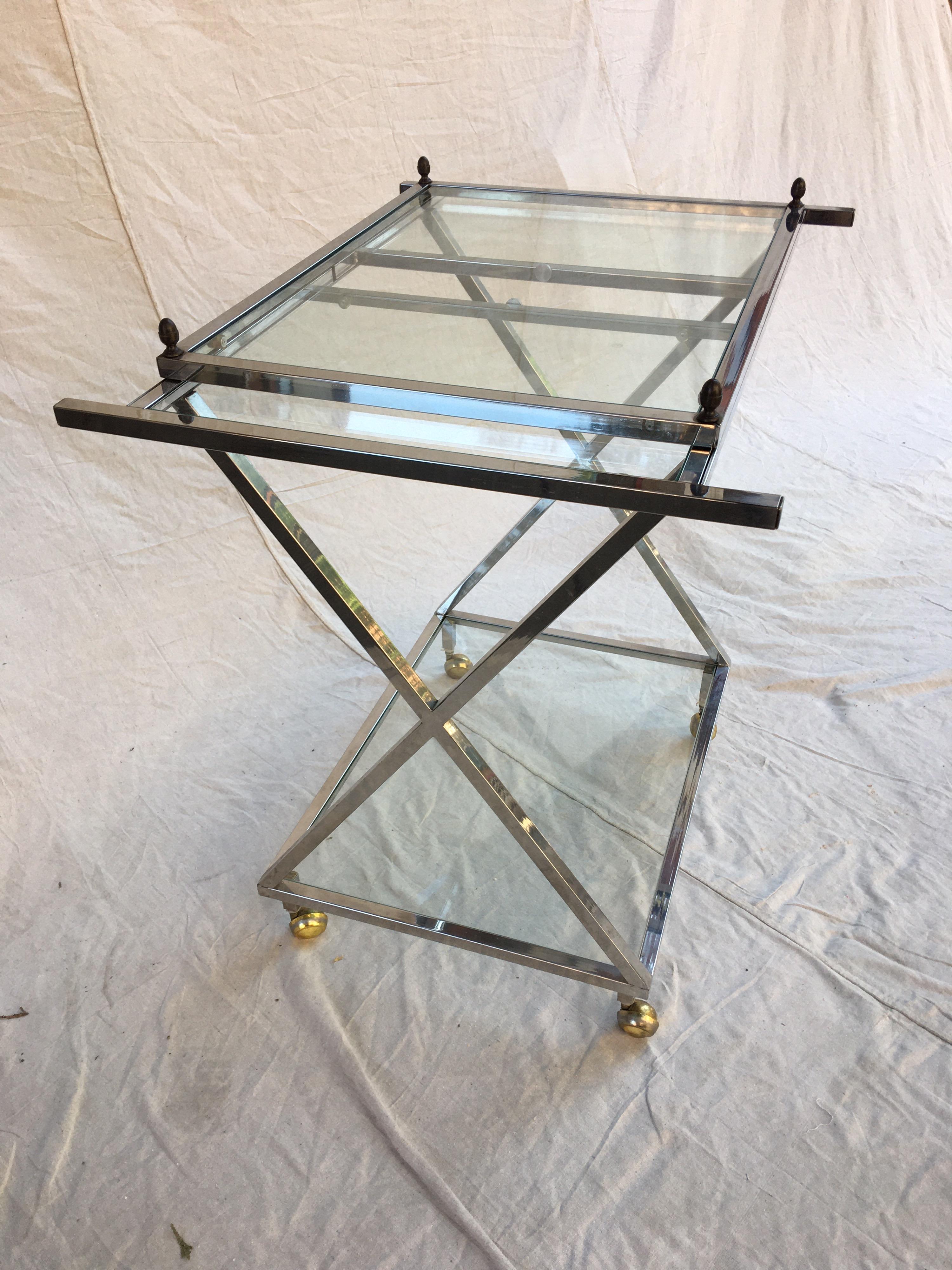 Chrome, Glass and Brass Bar Cart In Good Condition In Philadelphia, PA