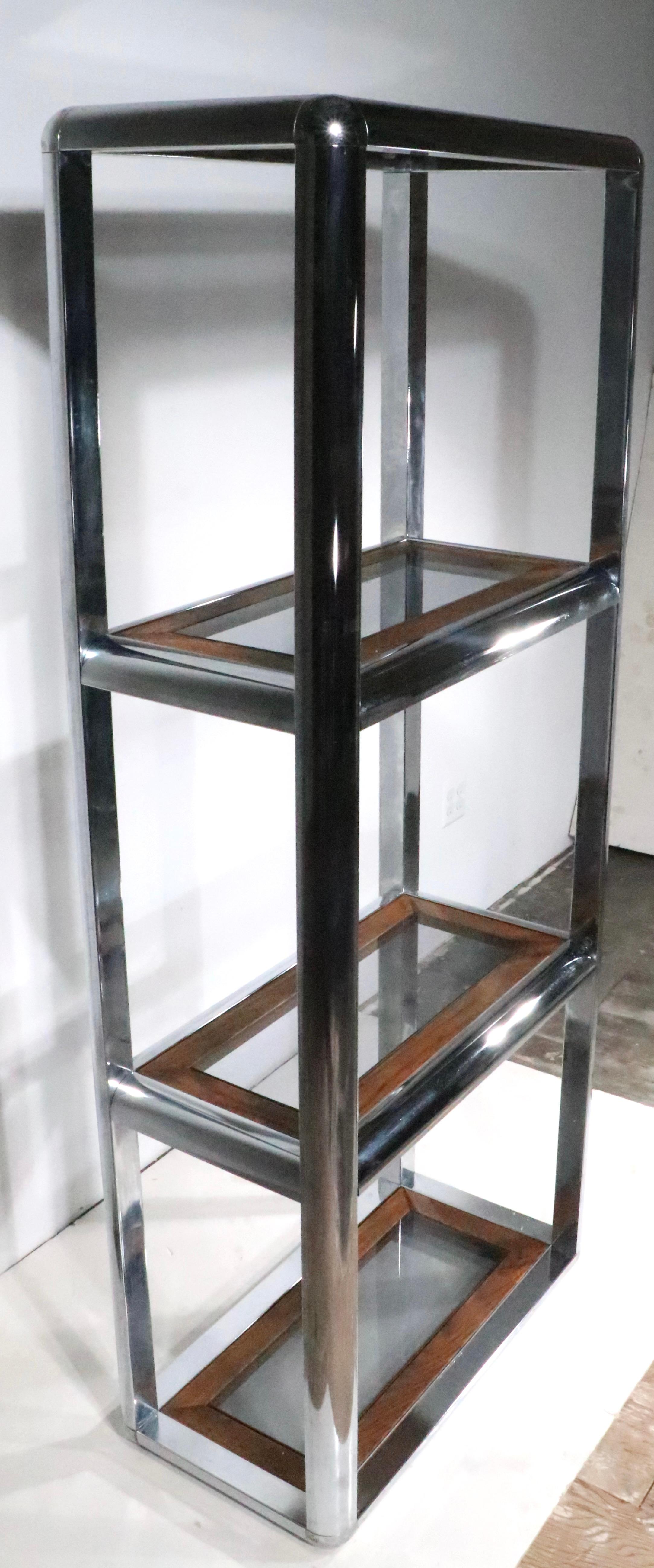 Mid-Century Modern Chrome Glass and Oak Etagere in the style of Baughman c. 1970's  For Sale