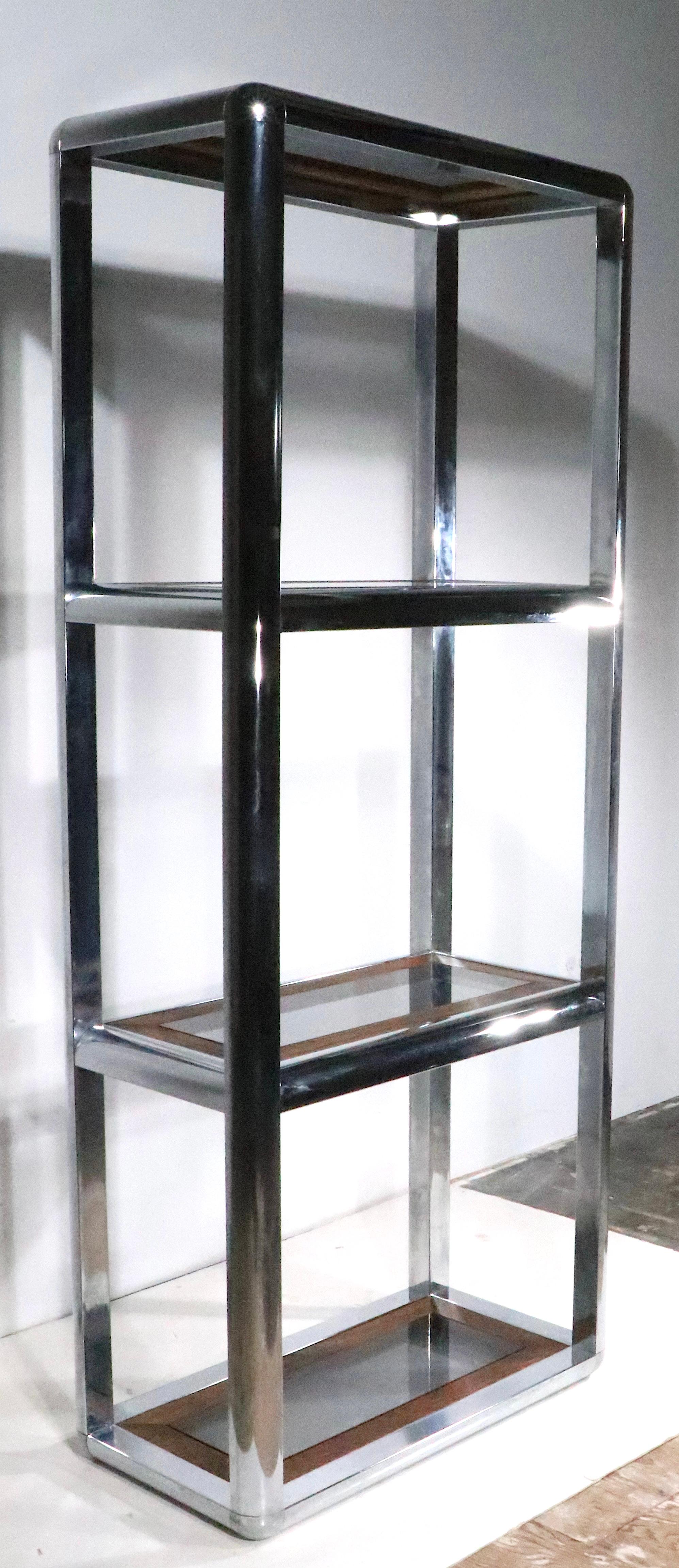 American Chrome Glass and Oak Etagere in the style of Baughman c. 1970's  For Sale
