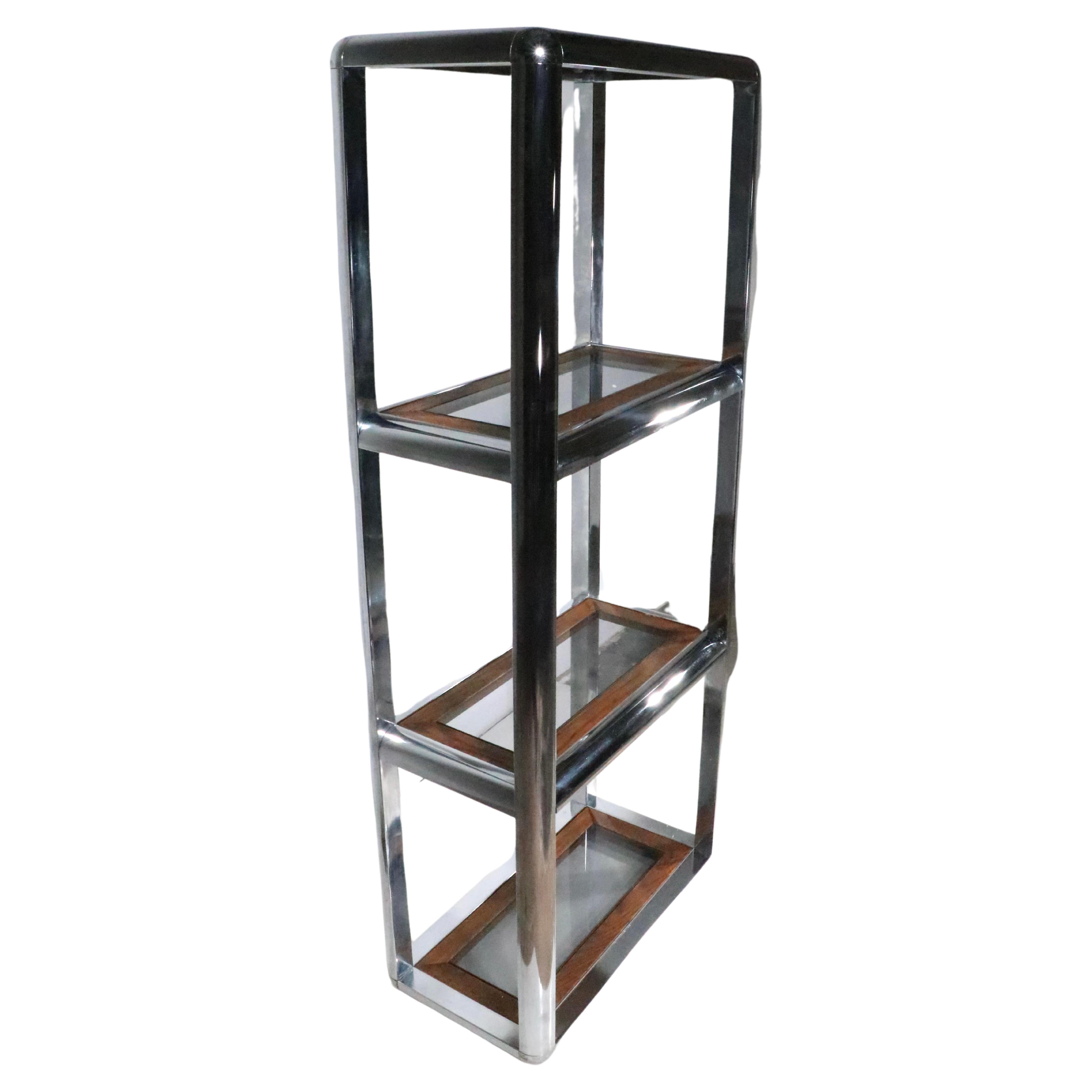 Chrome Glass and Oak Etagere in the style of Baughman c. 1970's  For Sale