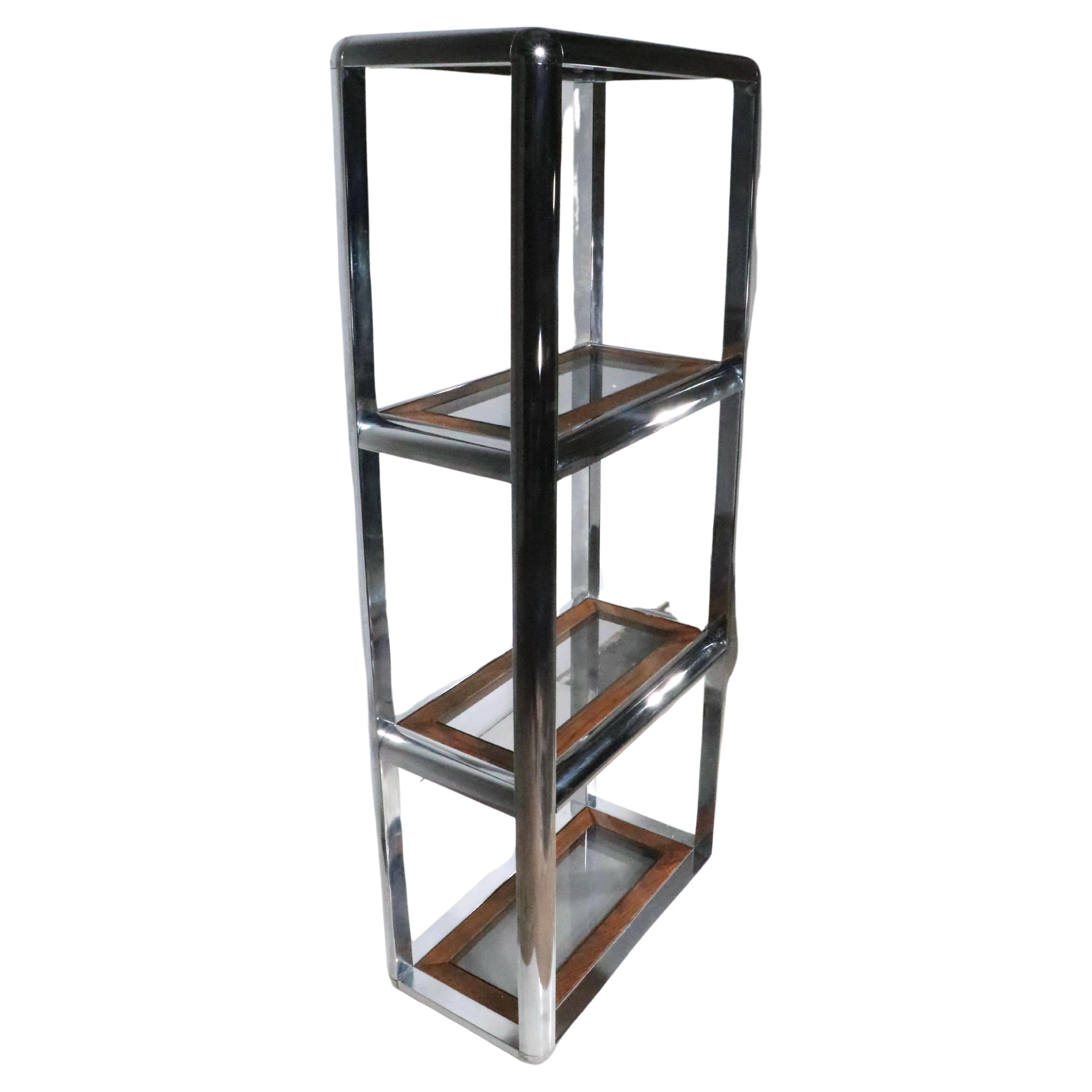Etagere in vetro cromato e Oak nello stile di Baughman, anni '70 ca.