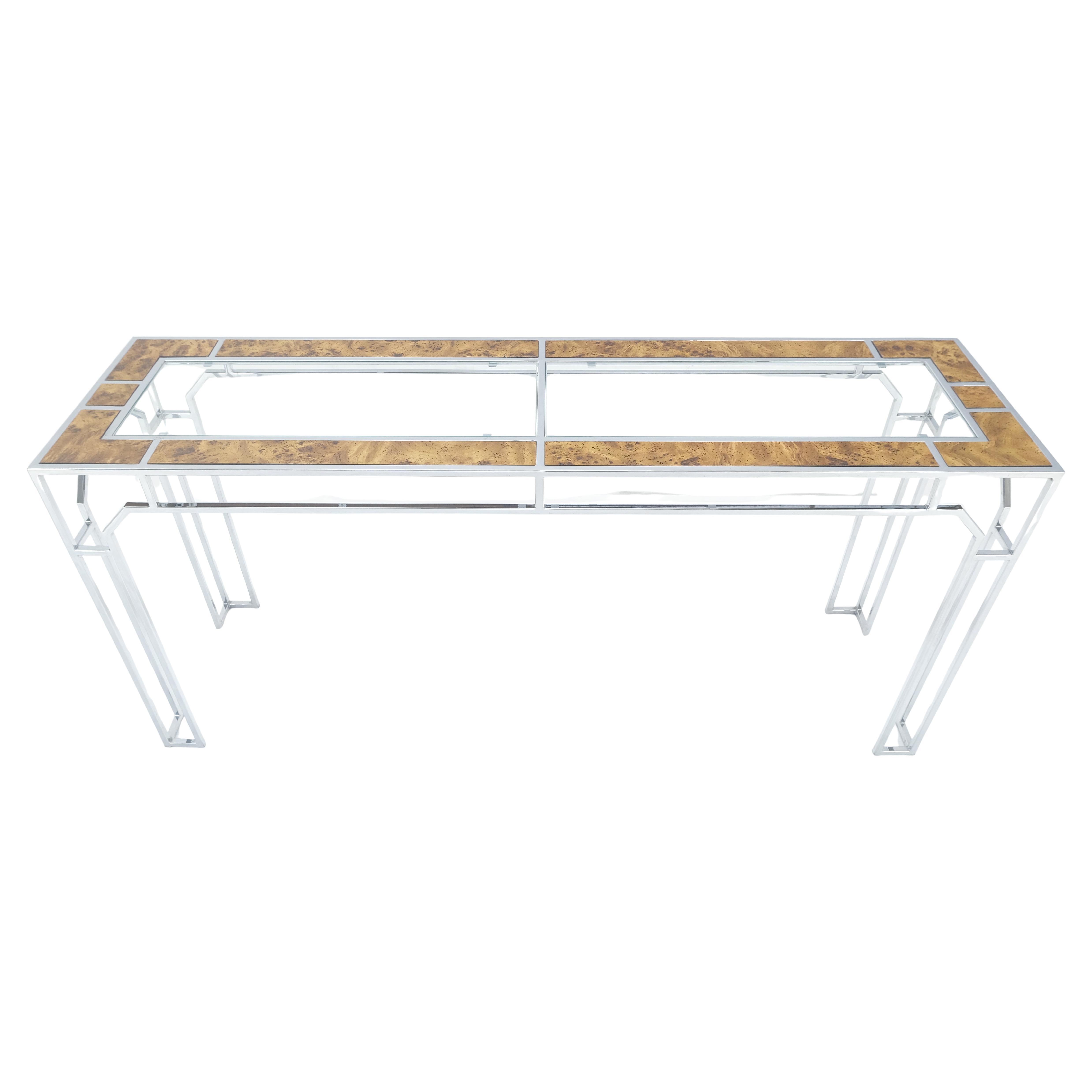 Chrome Glass Burl Wood 58" Long Mid Century Modern Console Sofa Table MINT