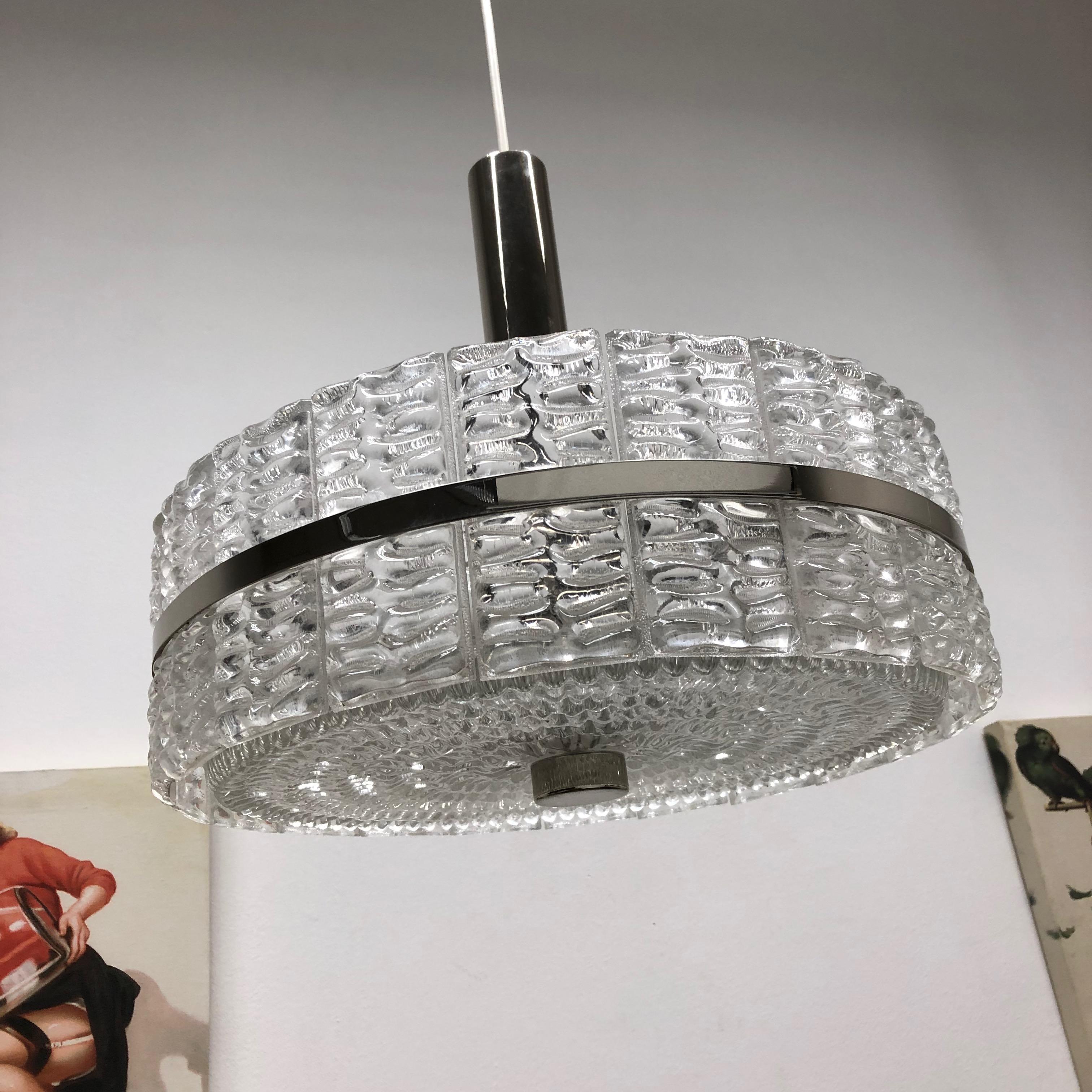 Chrome and Glass Chandelier Pendant Lamp, Austria, 1970s For Sale 5