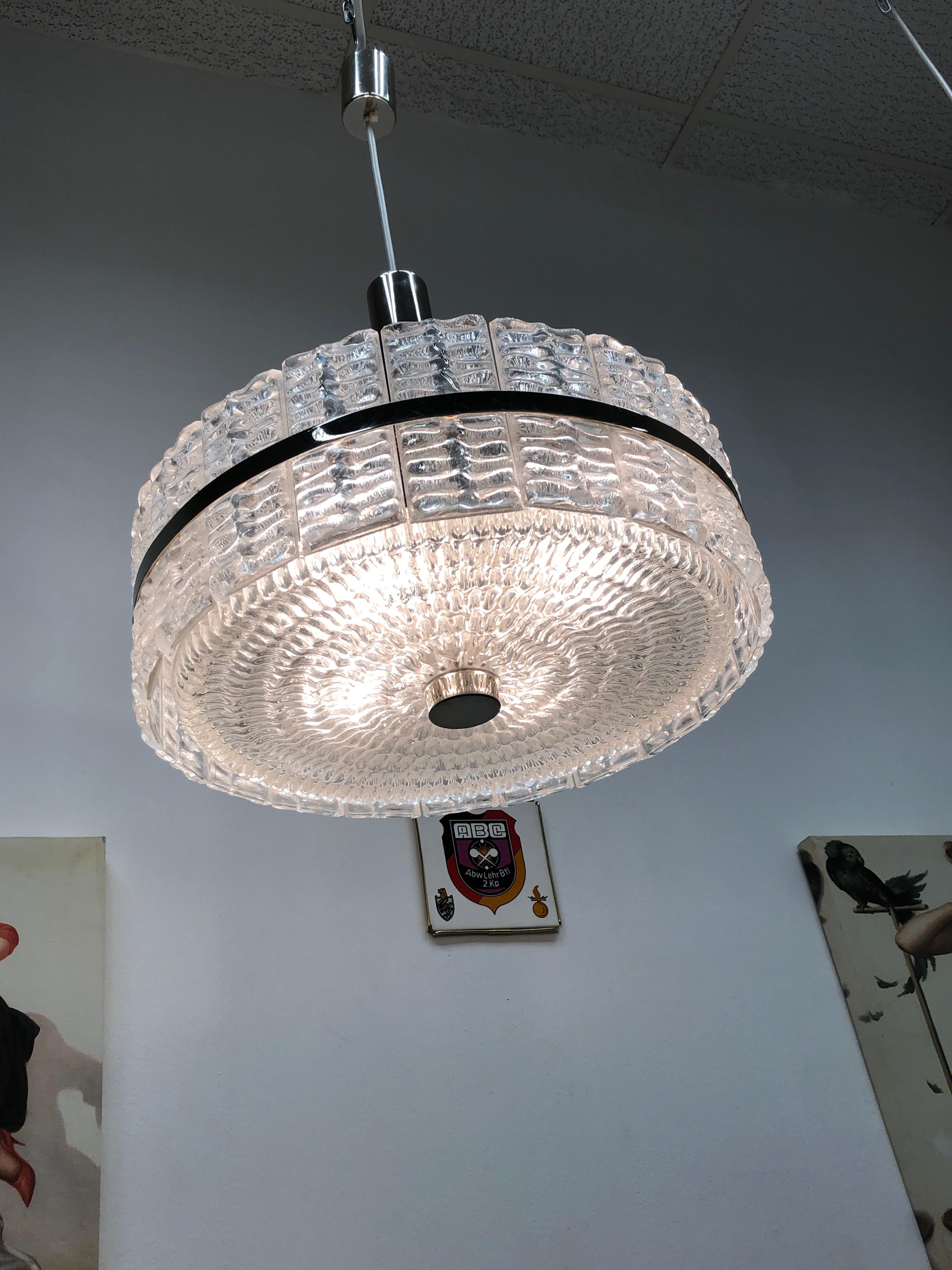 Mid-Century Modern Chrome and Glass Chandelier Pendant Lamp, Austria, 1970s For Sale