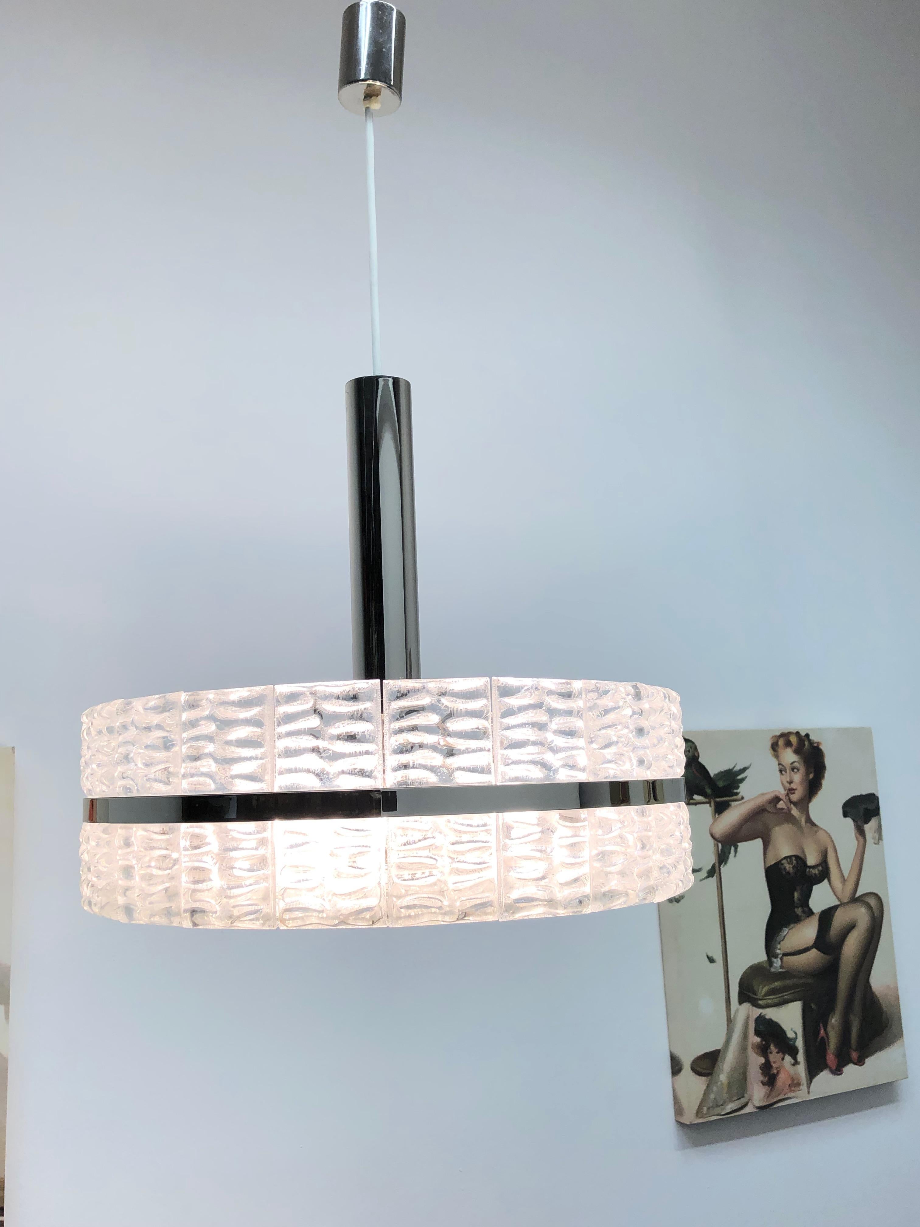 Chrome and Glass Chandelier Pendant Lamp, Austria, 1970s In Good Condition For Sale In Nuernberg, DE