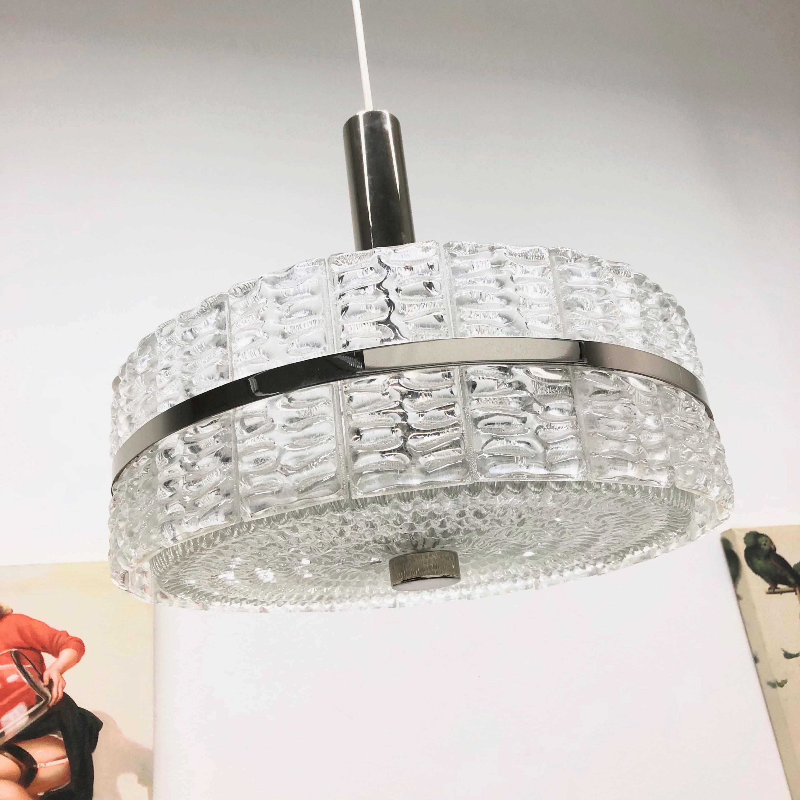 Late 20th Century Chrome and Glass Chandelier Pendant Lamp, Austria, 1970s For Sale