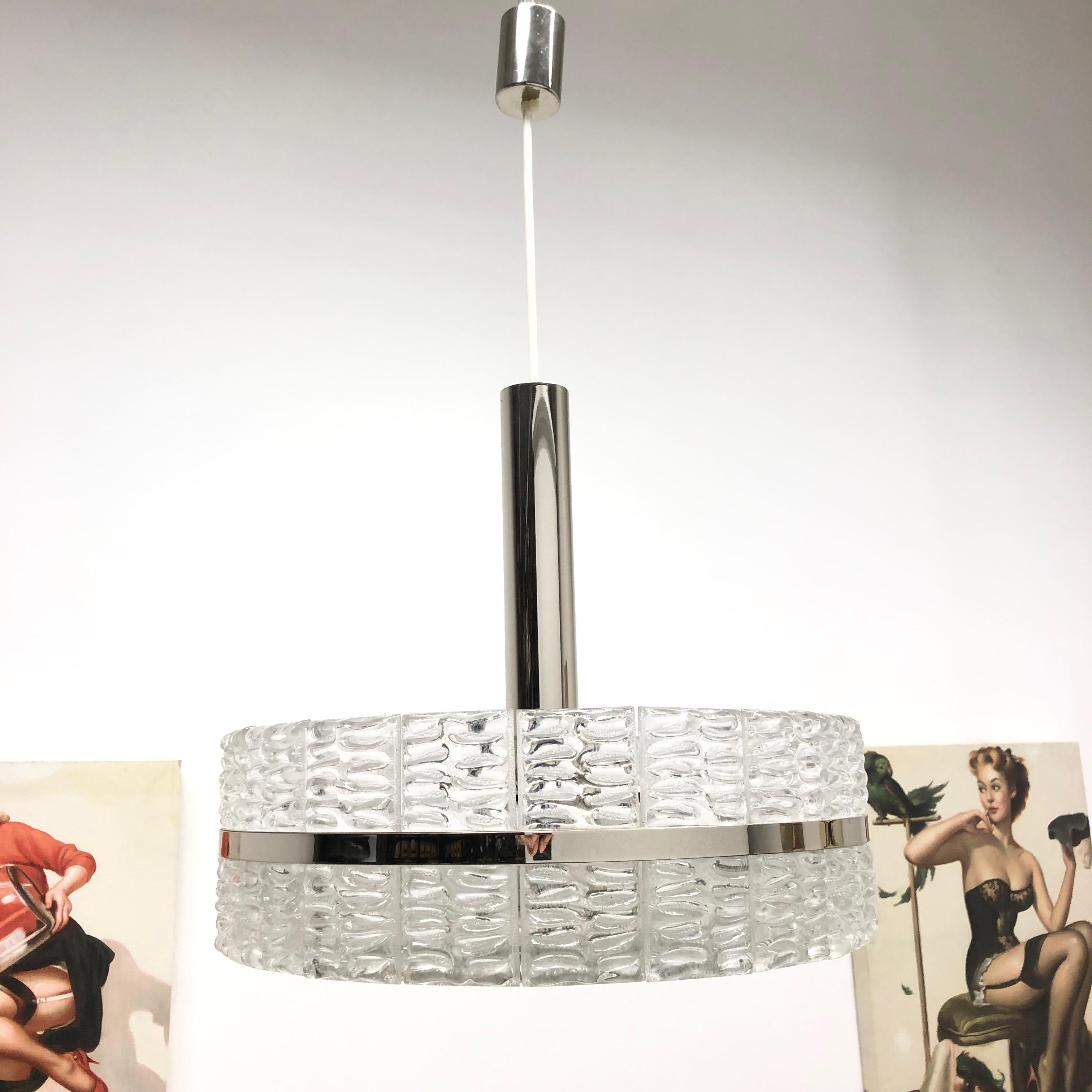 Chrome and Glass Chandelier Pendant Lamp, Austria, 1970s For Sale 3