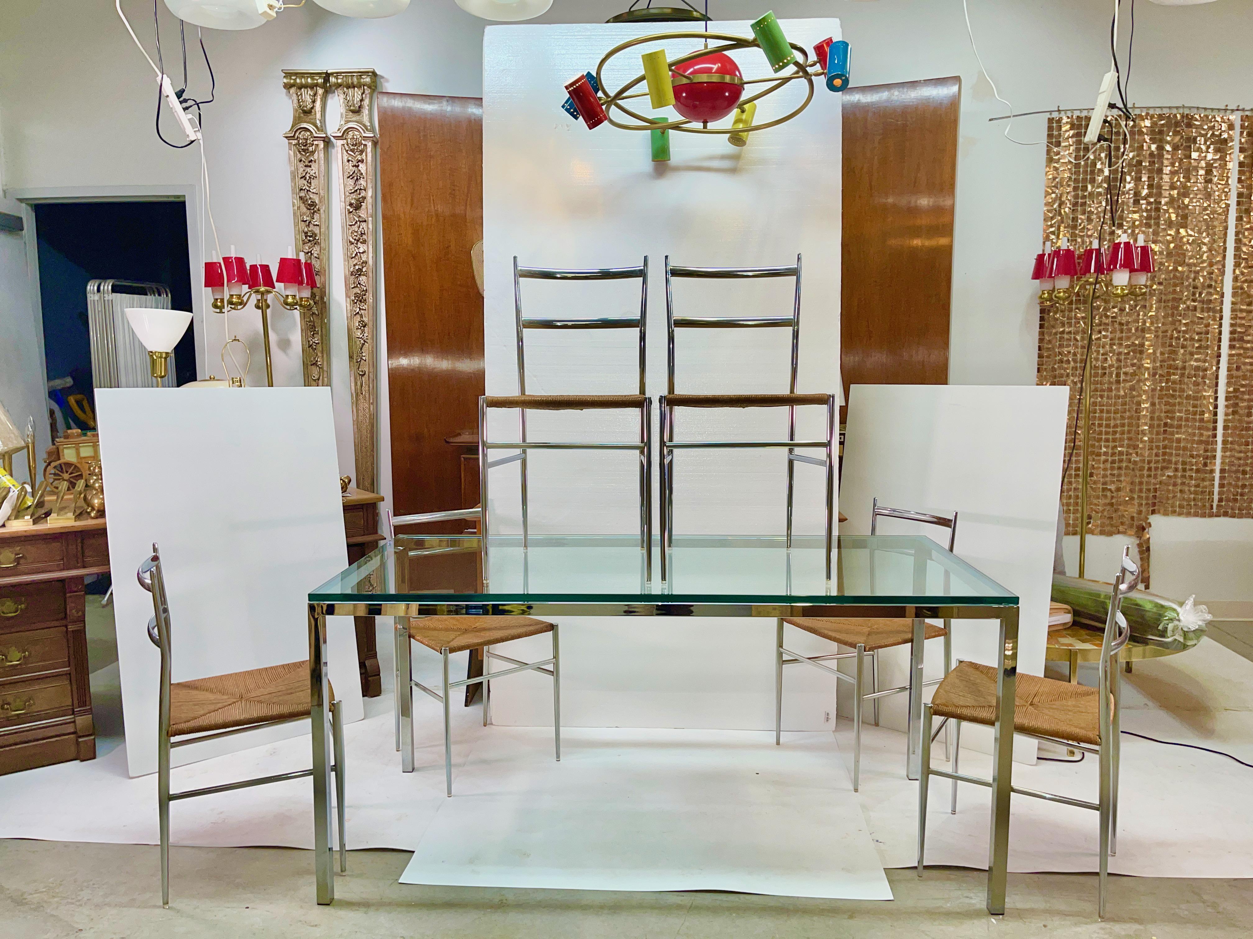 Late 20th Century Chrome & Glass Dining Table with 6 Chrome & Rope 'Superleggera' Chairs