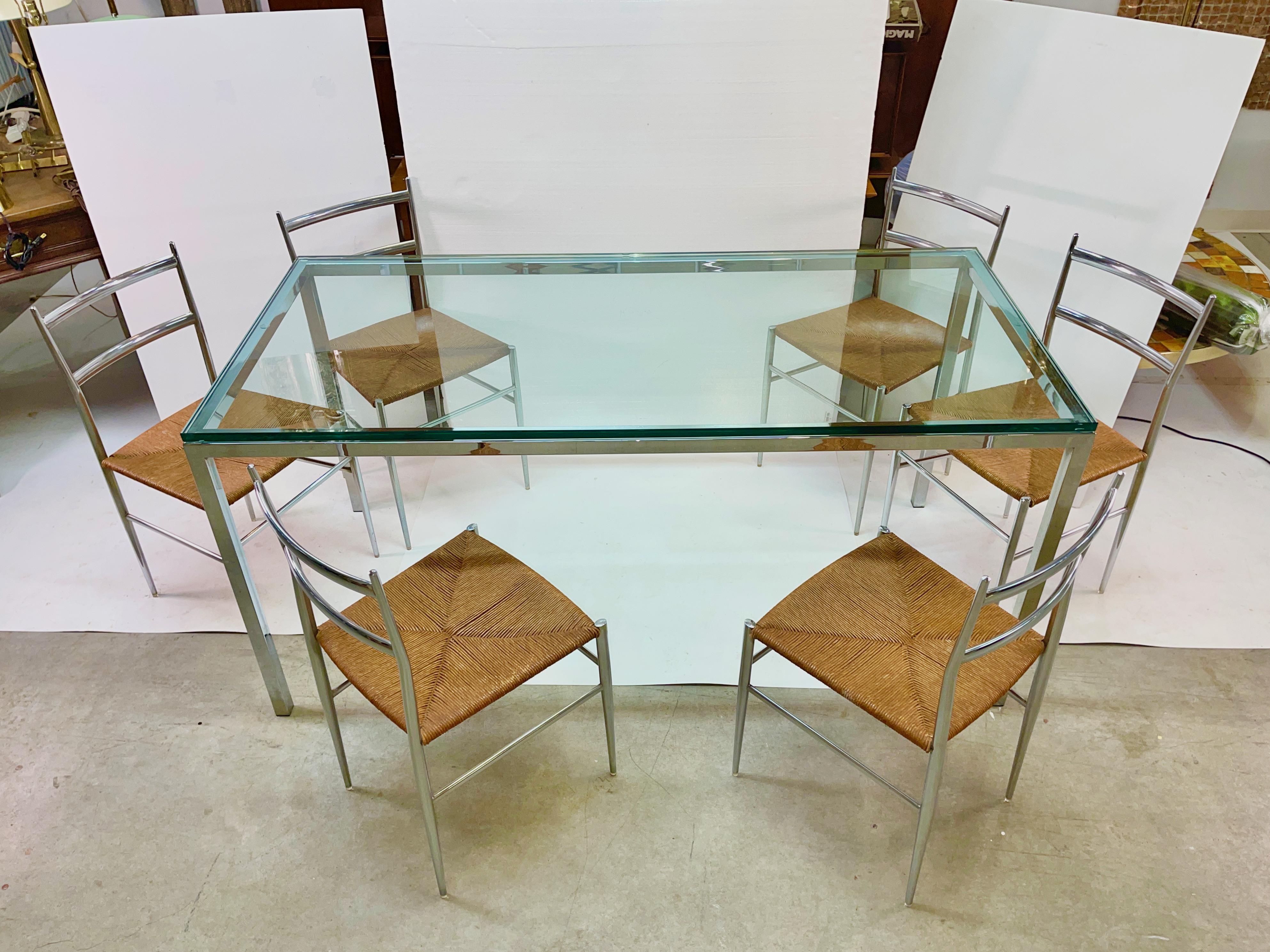 Chrome & Glass Dining Table with 6 Chrome & Rope 'Superleggera' Chairs 8