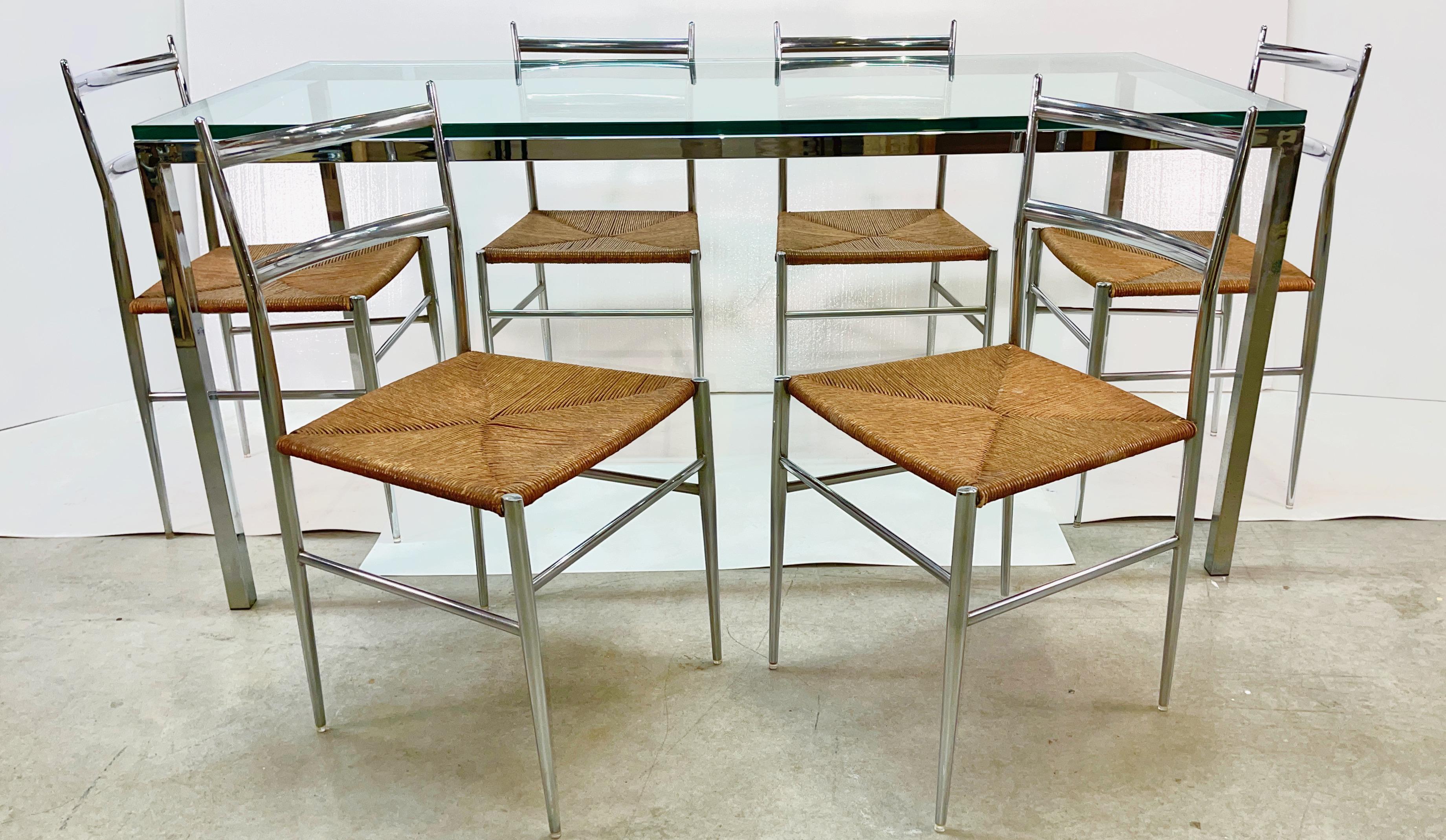 Mid-Century Modern Chrome & Glass Dining Table with 6 Chrome & Rope 'Superleggera' Chairs