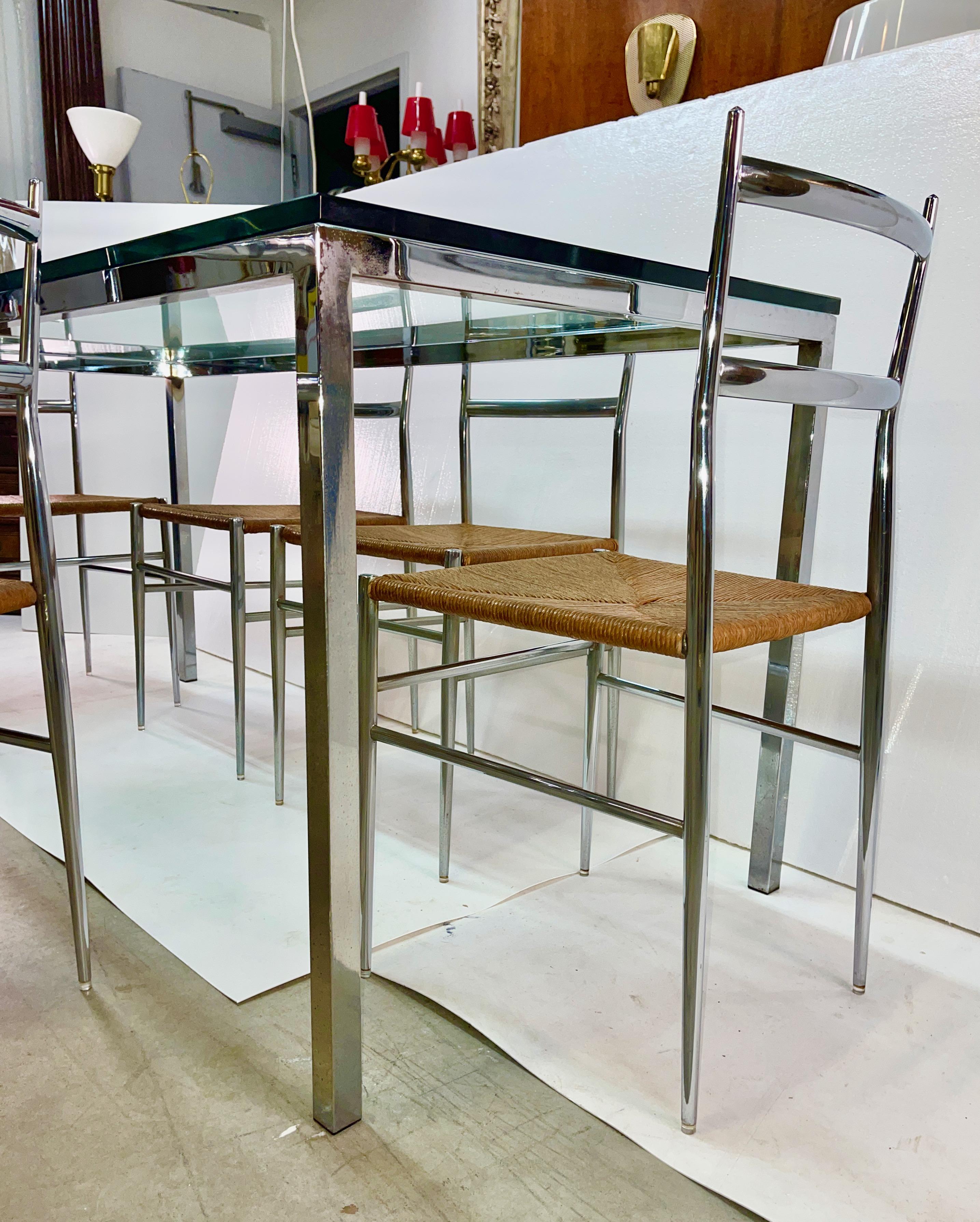 Italian Chrome & Glass Dining Table with 6 Chrome & Rope 'Superleggera' Chairs