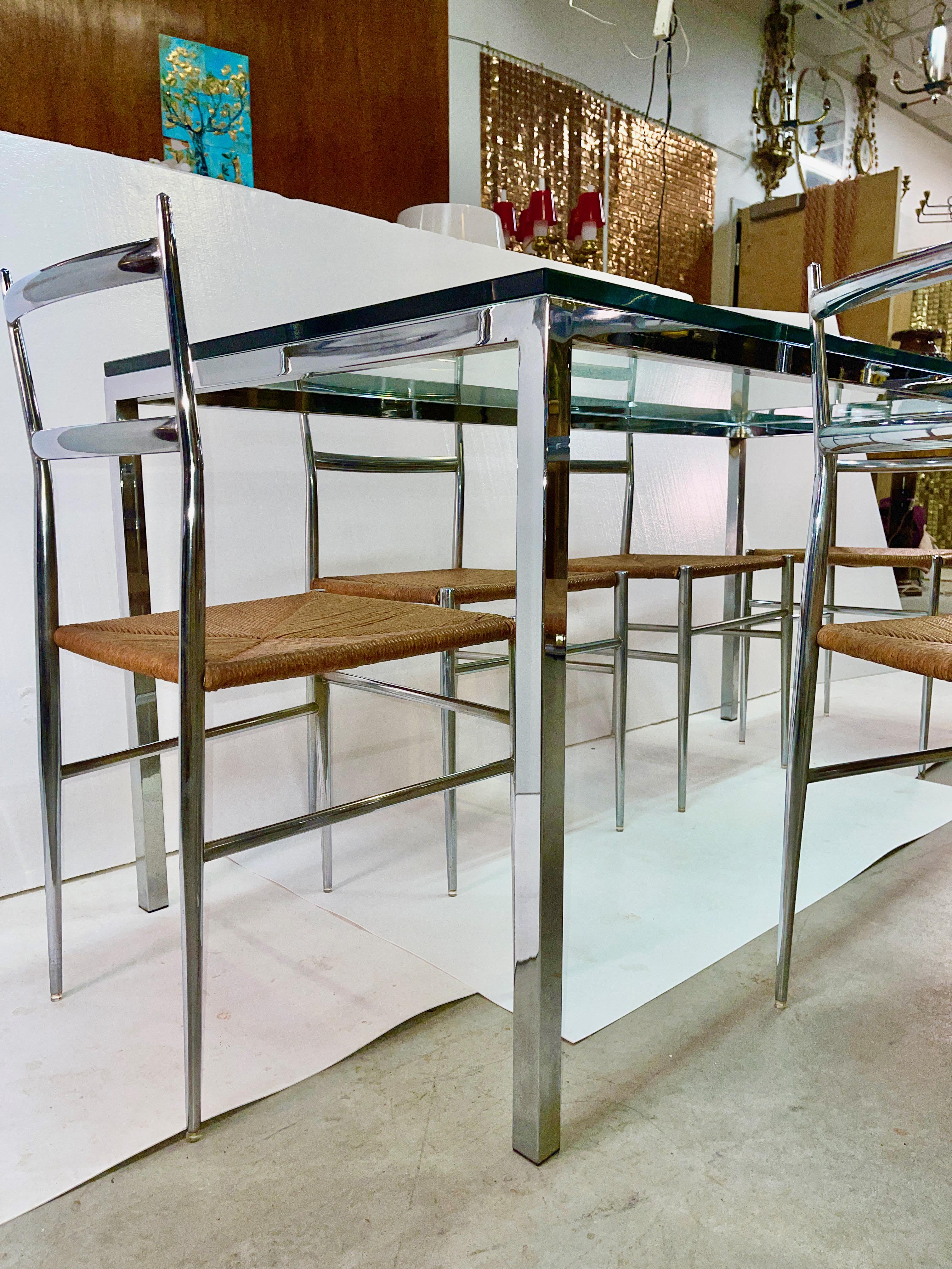 Plated Chrome & Glass Dining Table with 6 Chrome & Rope 'Superleggera' Chairs