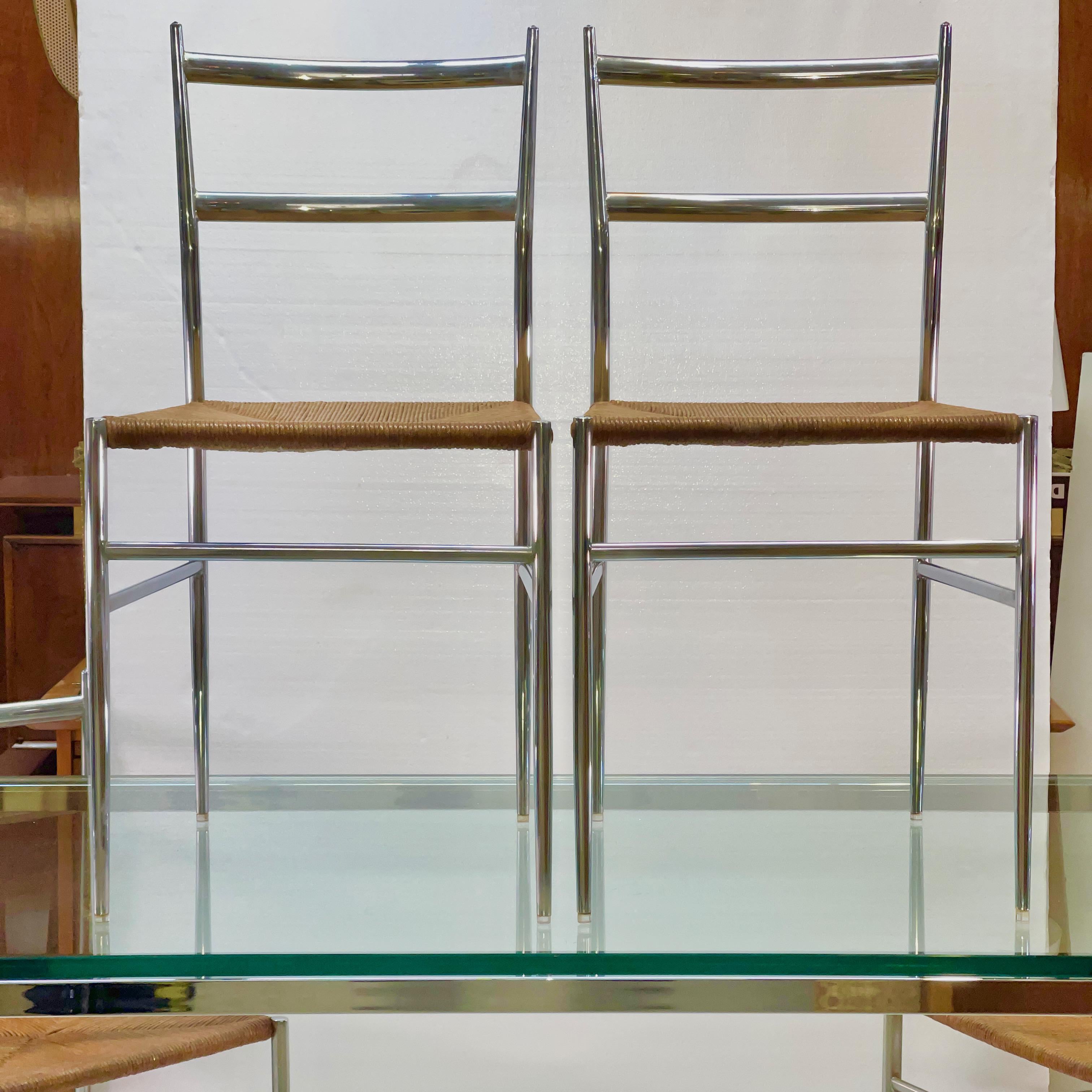 Chrome & Glass Dining Table with 6 Chrome & Rope 'Superleggera' Chairs In Good Condition In Hanover, MA