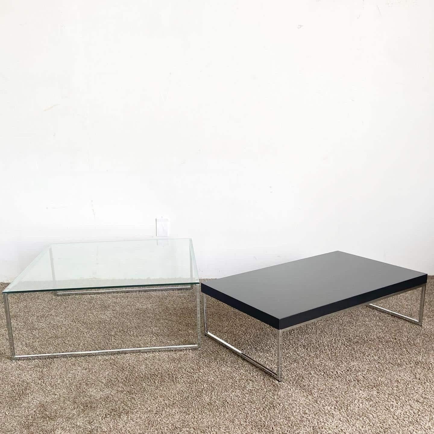Upgrade your space with the perfect combination of style and functionality. Experience the seamless integration of glass, wood, and chrome in our 2-piece Nesting Coffee Table Set by bo Concepts, and let its presence redefine your living space with a