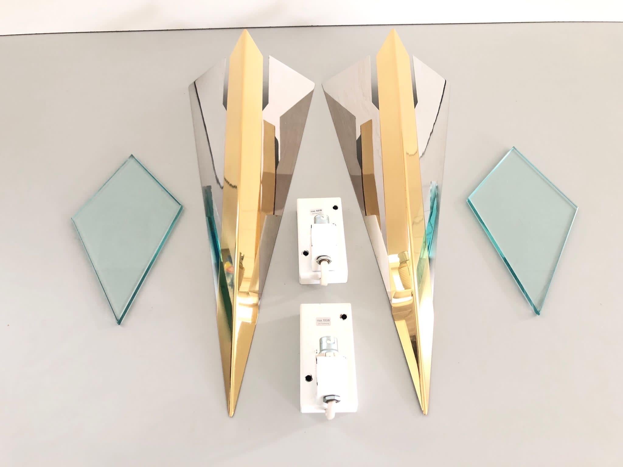 Space Age Chrome Gold Triangle Design Pair of Sconces by J.T. Kalmar, 1970s, Germany For Sale