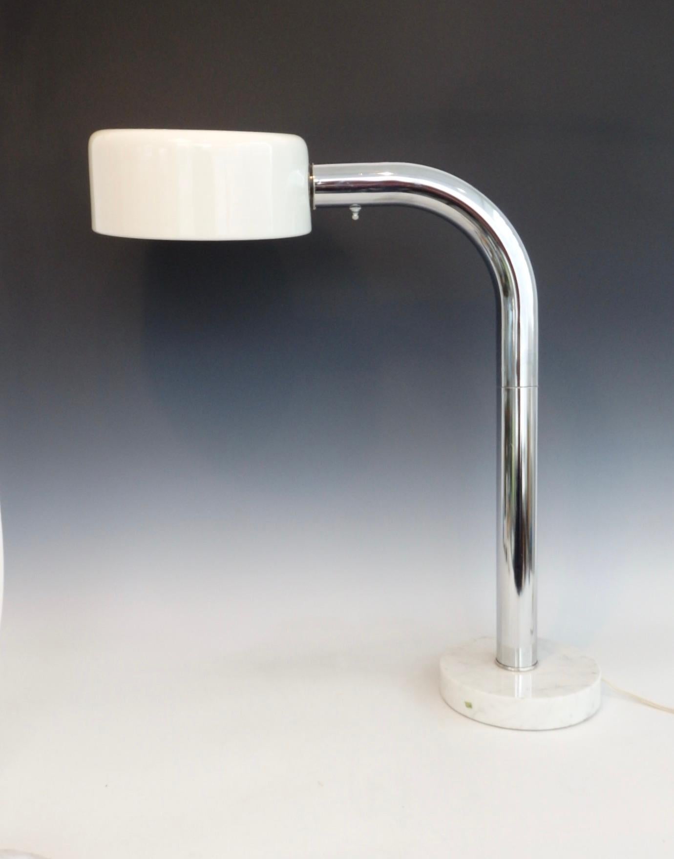 Clean design op pop or mod tall desk lamp. Two inch o.d. chrome shaft rises up from marble base to white lacquered steel diffuser shade. Measurements listed below are with shade removed for shipping. Overall 23