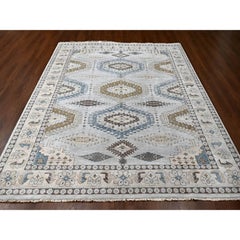Chrome Gray Persian Village Geometric Design Pure Wool Hand Knotted Rug 9'1"x12'