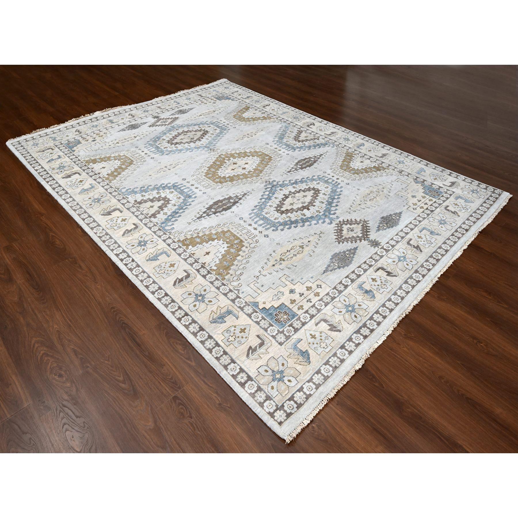 Handgeknüpfter Teppich aus reiner Wolle in Chromgrau, Persisches Dorf, geometrisches Design, 9'1