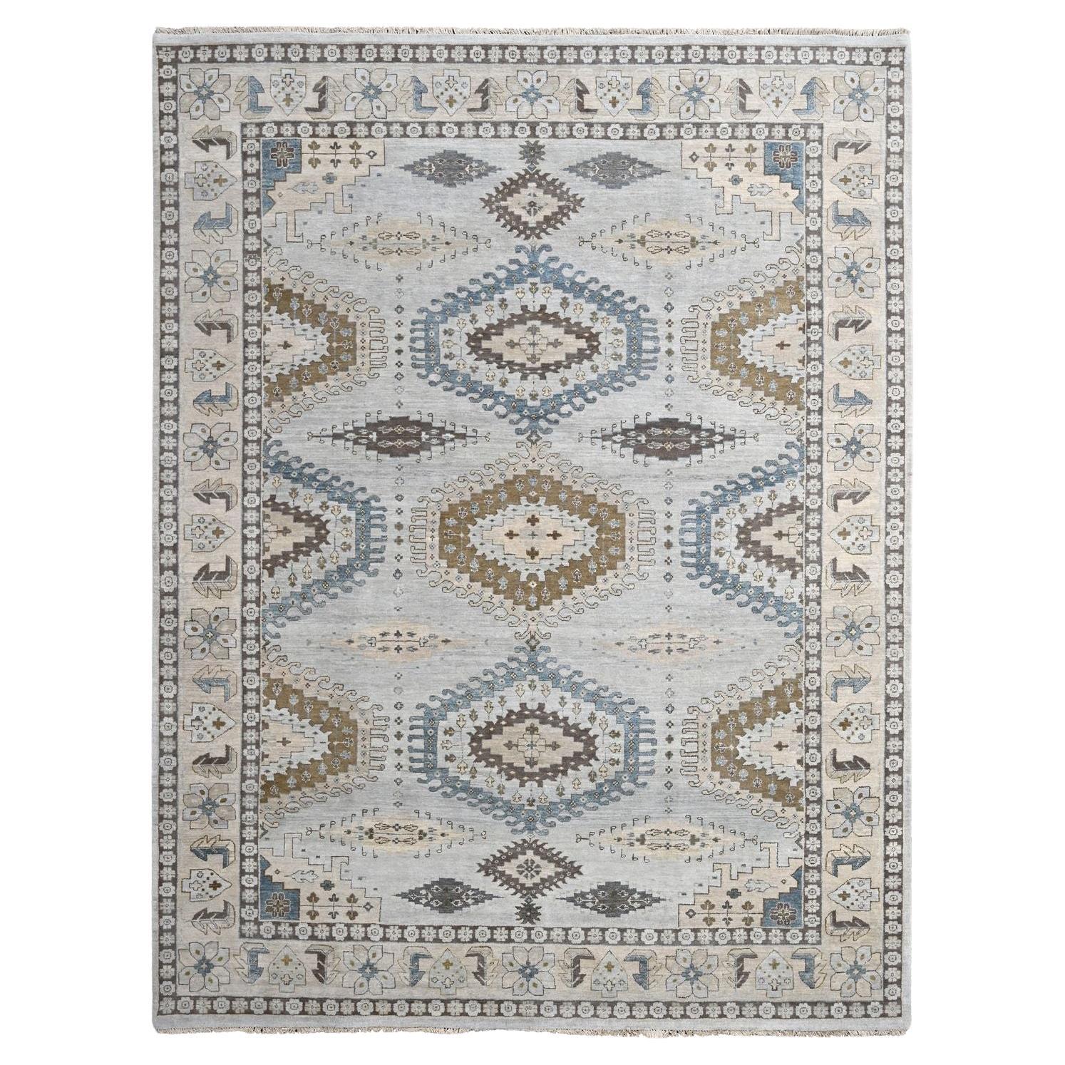 Handgeknüpfter Teppich aus reiner Wolle in Chromgrau, Persisches Dorf, geometrisches Design, 9'1"x12'