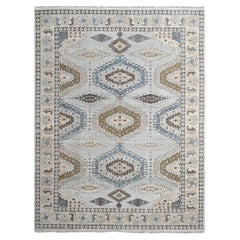 Chrome Gray Persian Village Geometric Design Pure Wool Hand Knotted Rug 9'1"x12'