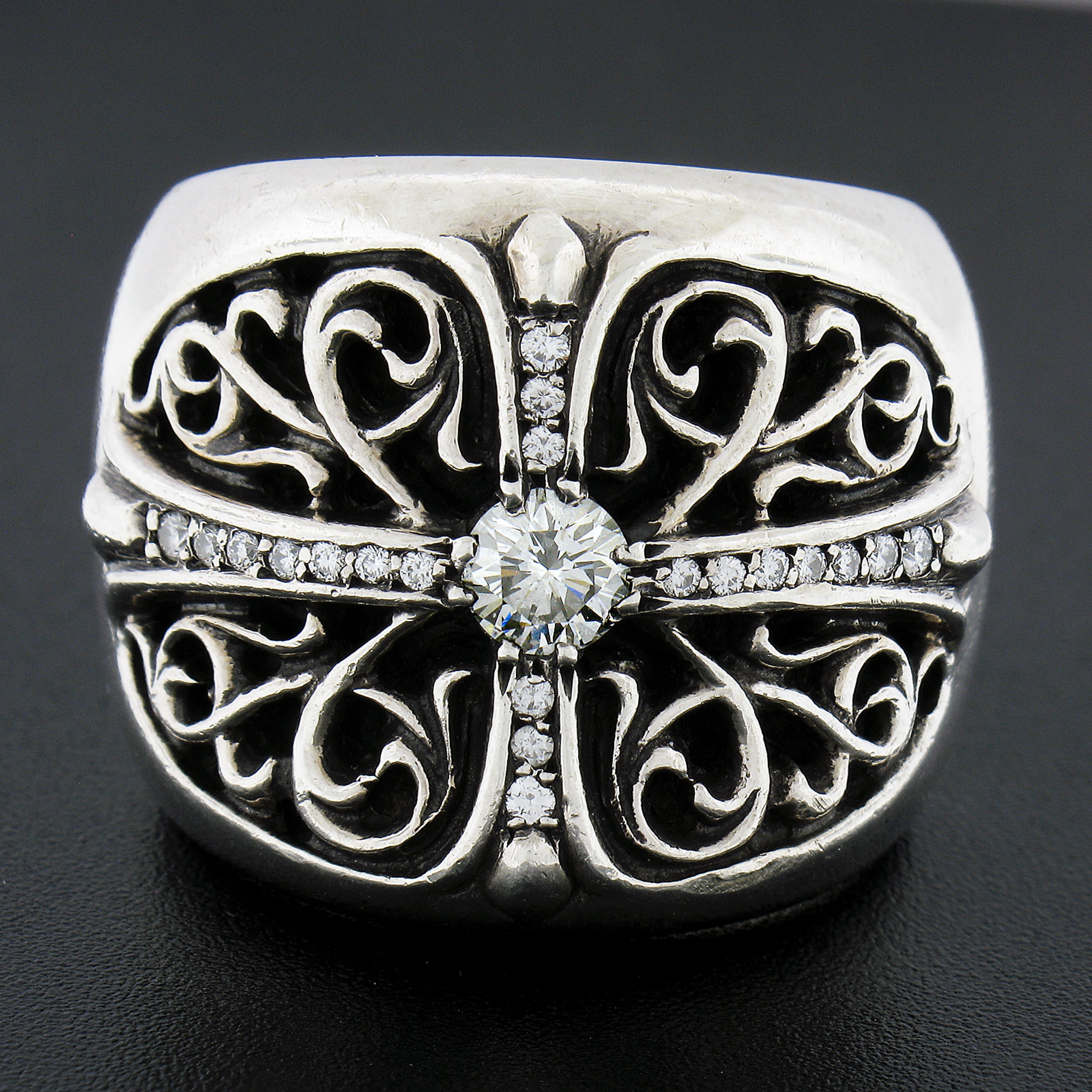 Round Cut Chrome Hearts 2002 Large Keeper Men's Sterling Silver 0.77ctw Diamond Band Ring For Sale