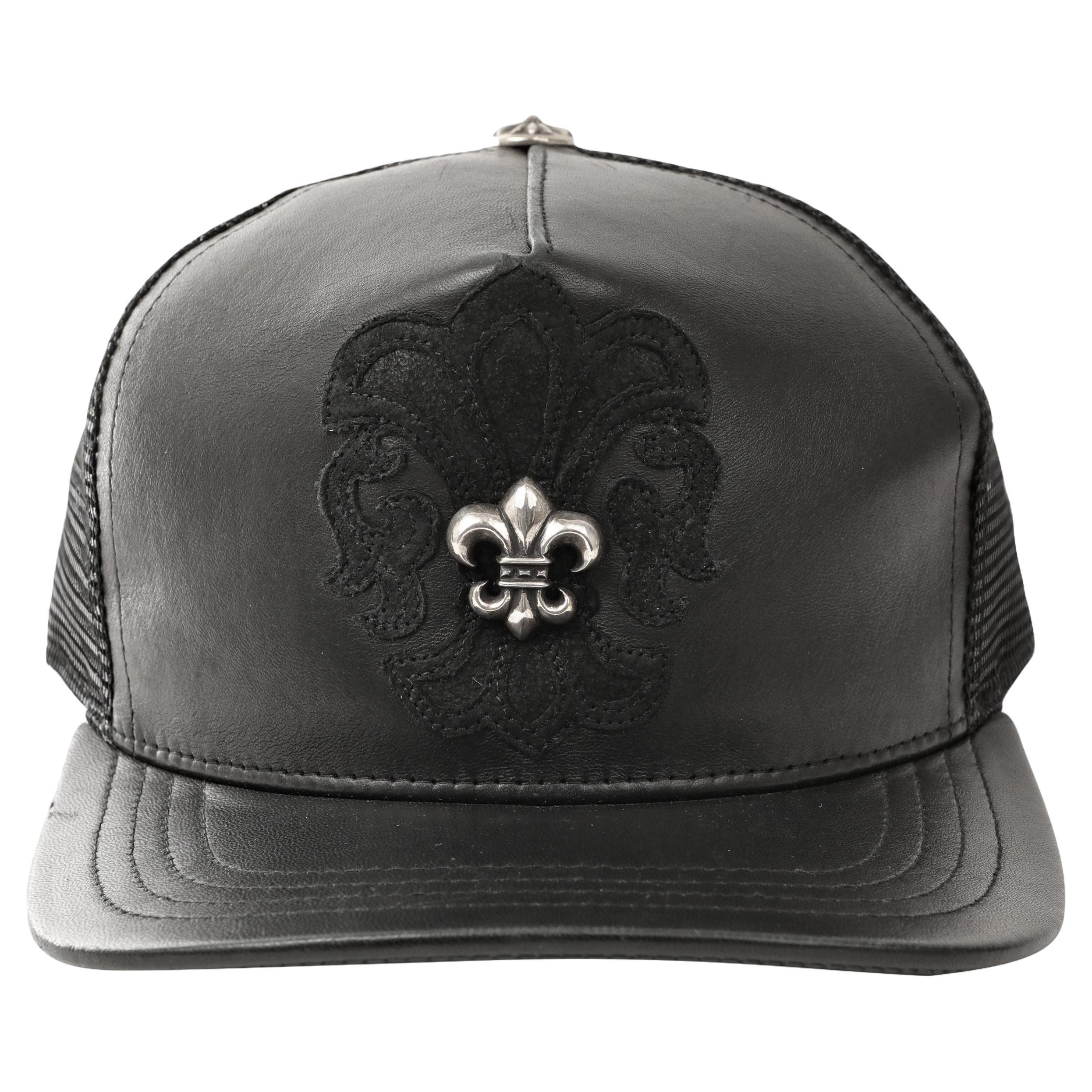 Chrome Hearts Black Leather Fleur de Lis Hat For Sale