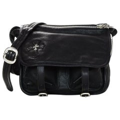 Chrome Hearts Black Leather Messenger Crossbody Bag W/ Sterling Silver Accents