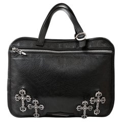 Used  Chrome Hearts Black Leather Small Briefcase with Cross Hardware