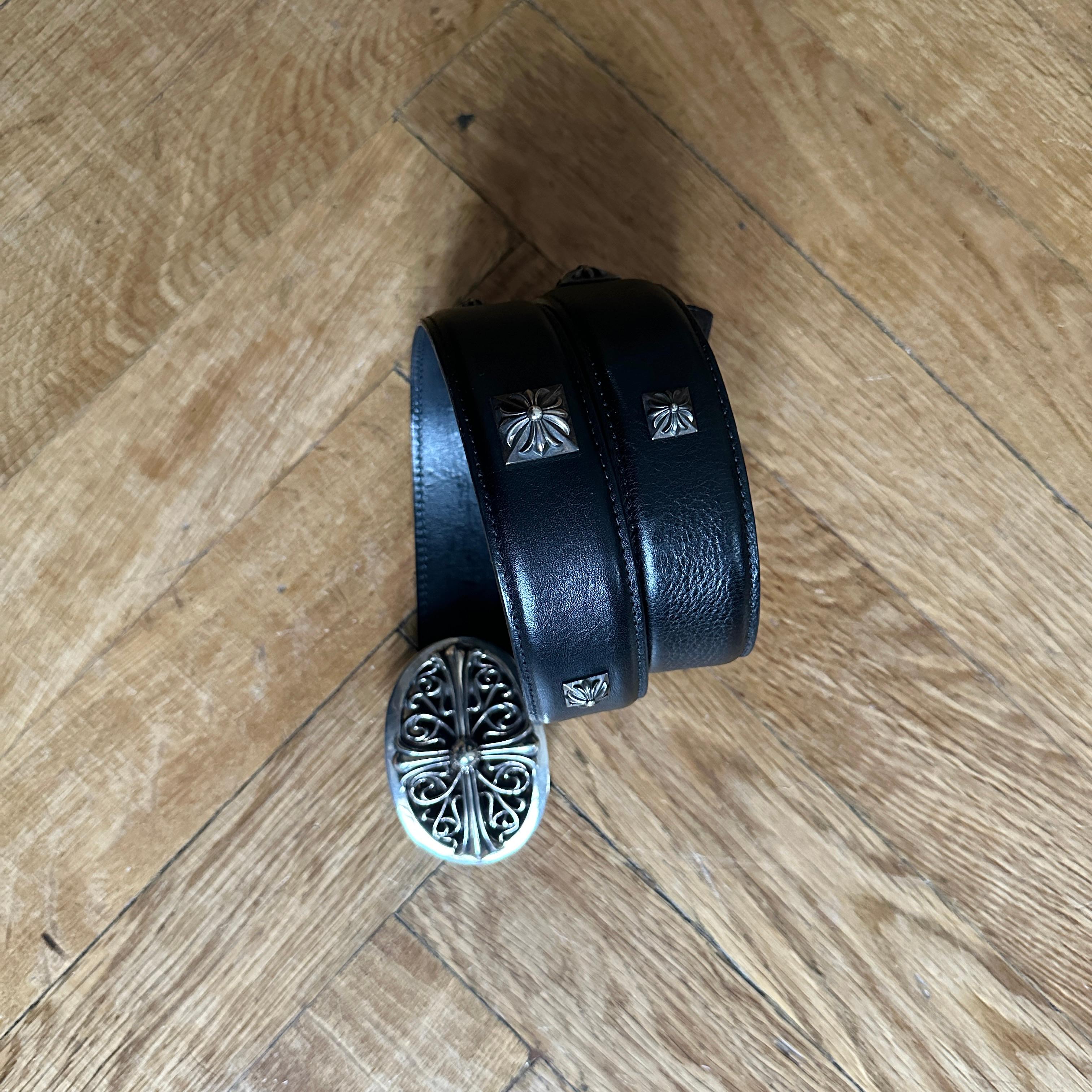 Chrome Hearts Black Leather Sterling Silver Buckle Belt For Sale 3