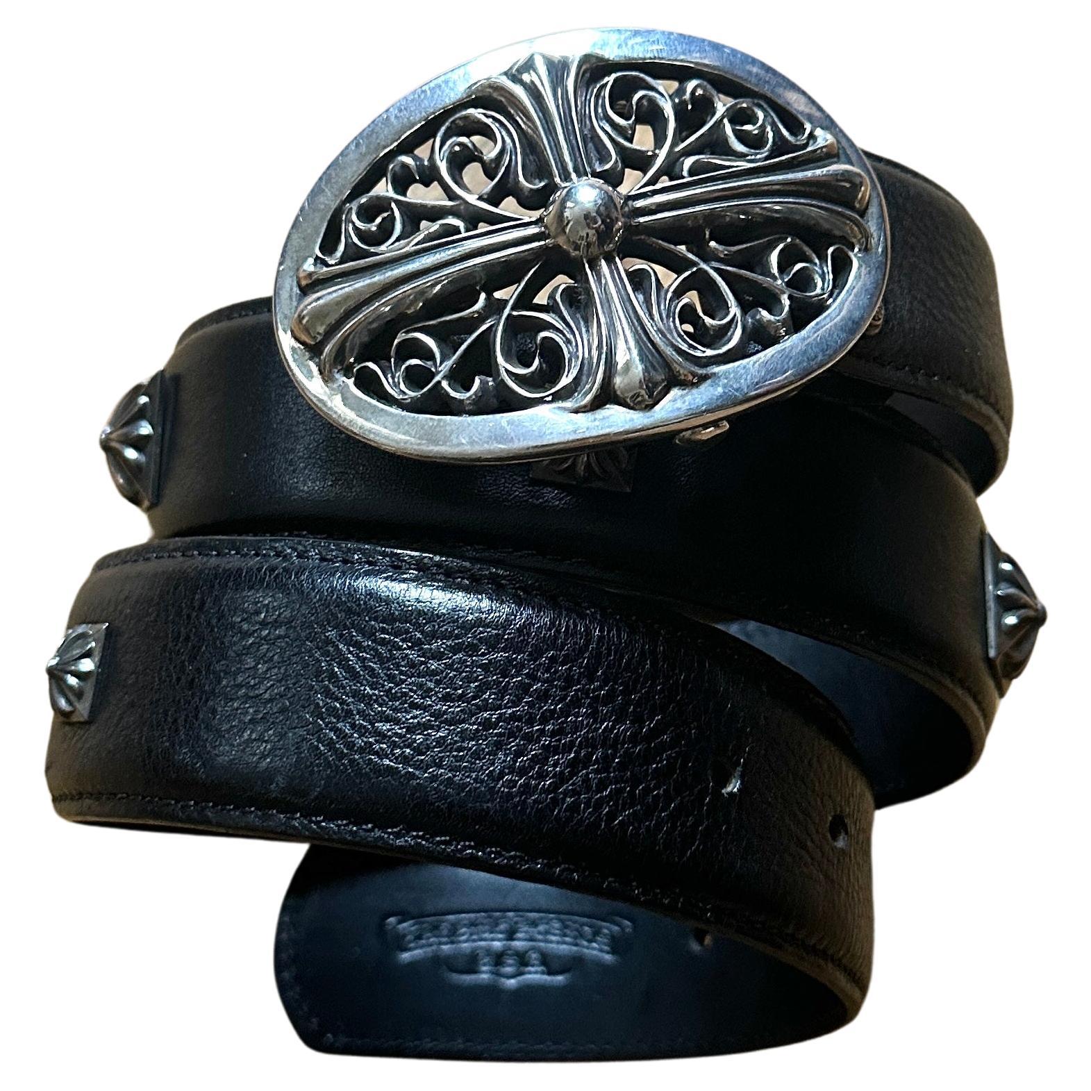 Chrome Hearts Black Leather Sterling Silver Buckle Belt For Sale