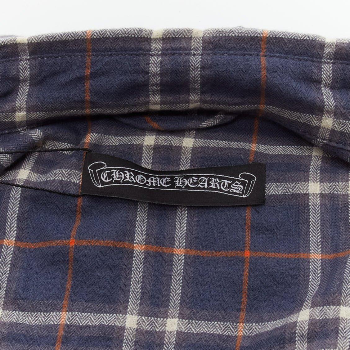 CHROME HEARTS blue check washed cotton black leather cross cuff shirt S 6
