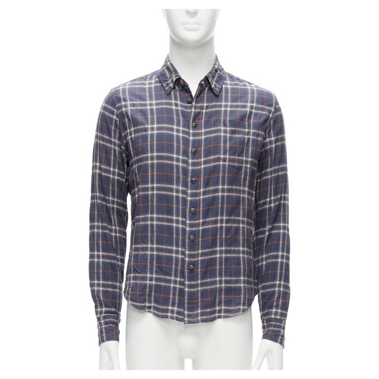 CHROME HEARTS blue check washed cotton black leather cross cuff shirt S at  1stDibs