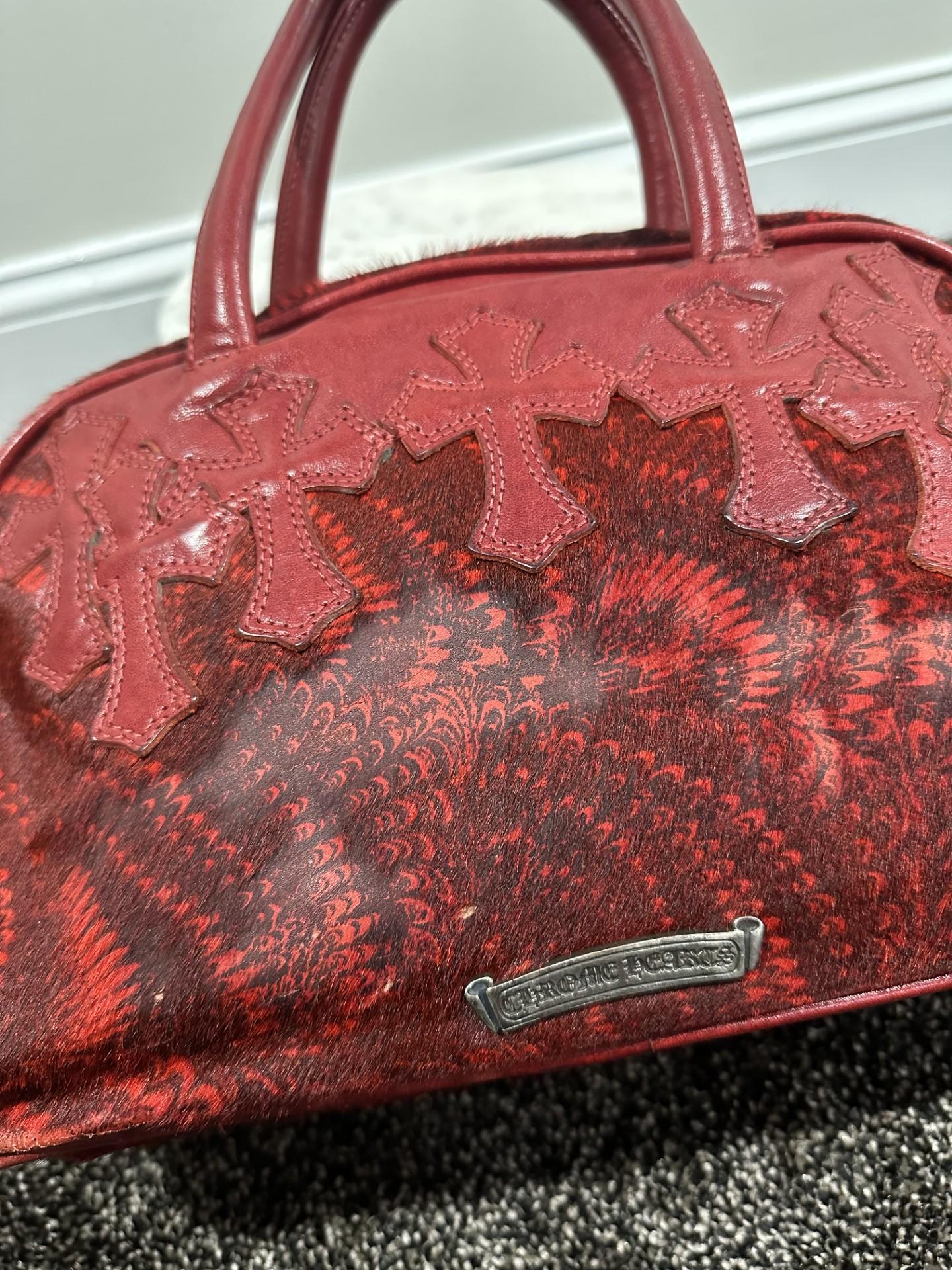 Chrome Hearts Cemetry Leather Cross Red Pony Hair Gym Bag For Sale 6