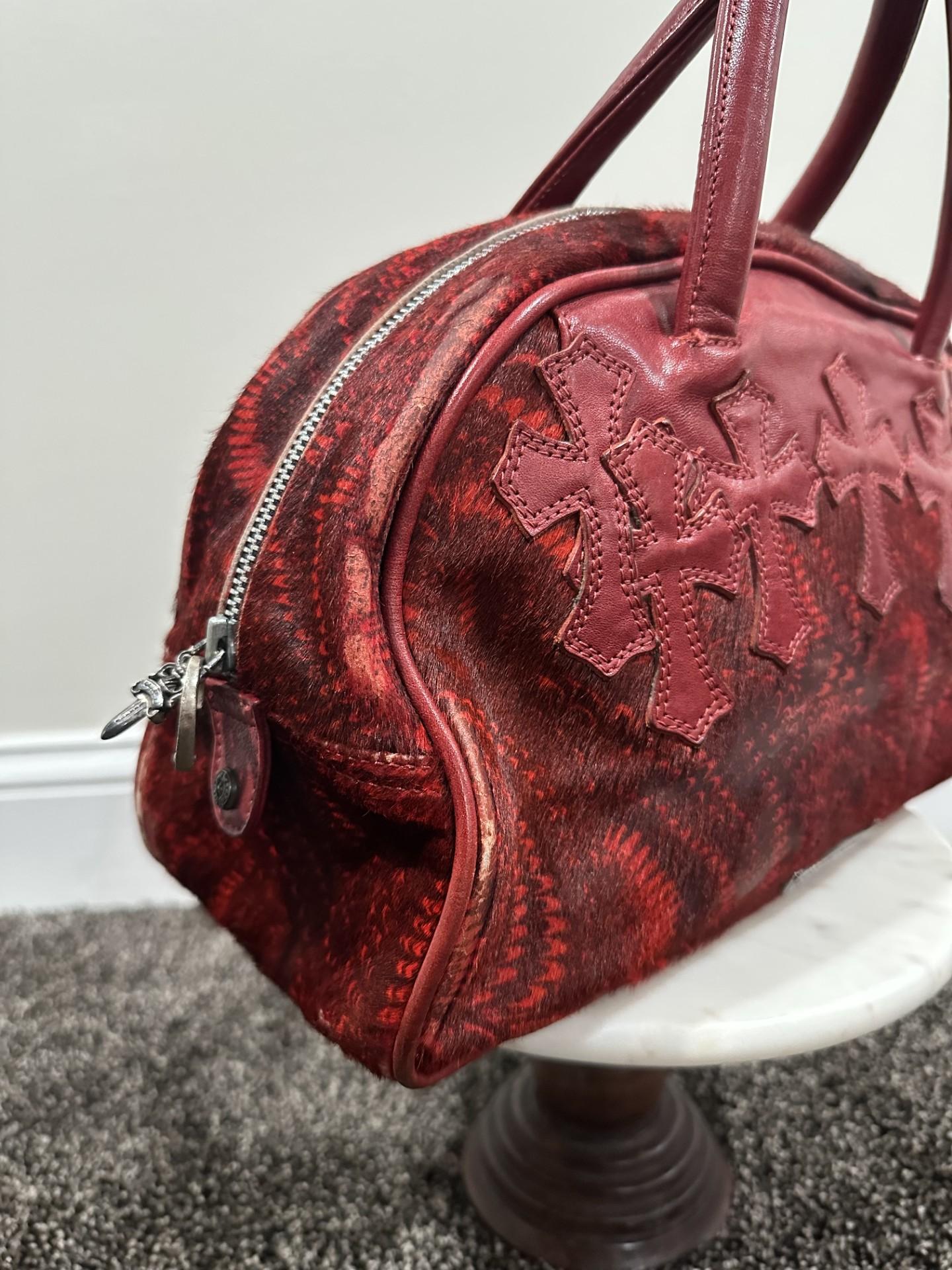 Chrome Hearts Cemetry Leather Cross Red Pony Hair Gym Bag For Sale 7