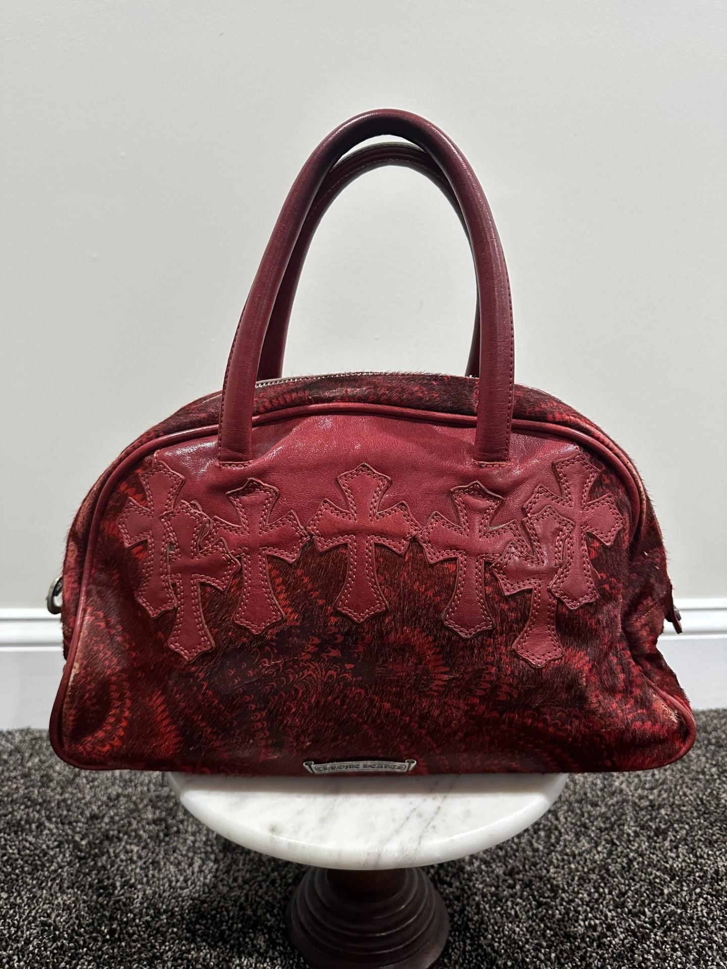 Women's Chrome Hearts Cemetry Leather Cross Red Pony Hair Gym Bag For Sale