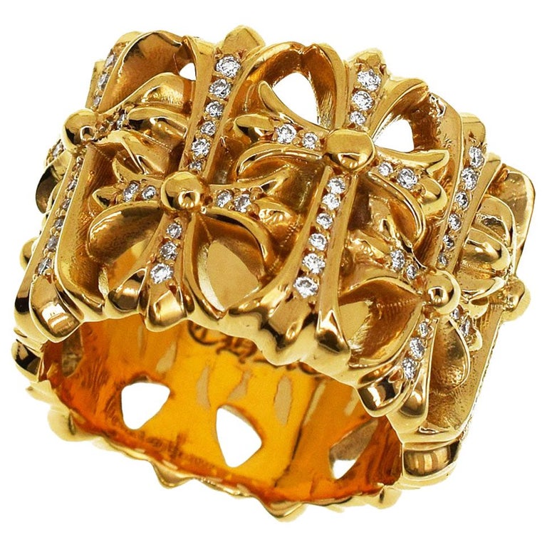 Chrome Hearts Diamond 22 Karat Yellow Gold Cemetery Cross Ring US 7 1/4