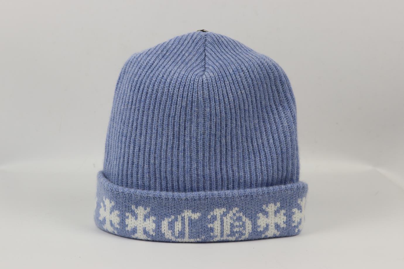 Chrome Hearts intarsia ribbed cashmere beanie. Blue and white. Pull on. 100% cashmere. Does not come with dustbag or box. Size: One Size. Length: 11 in. Circumference: 22 in. Very good condition - Worn once. No sign of wear; see pictures